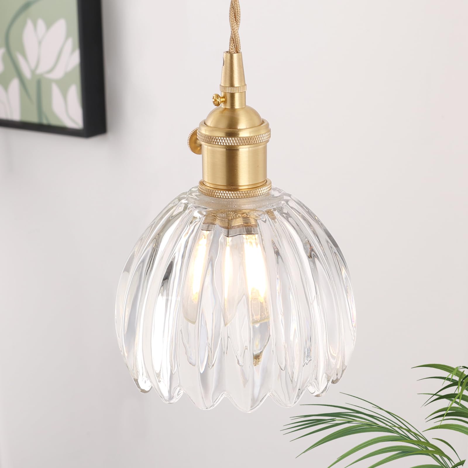 Pendant Light with White Pleated Ceramic Lmapshade, Brass Vintage Pendant Light Adjustable Hanging Light for Kitchen Island Dining Room Hallway 7.87 Inch Diam