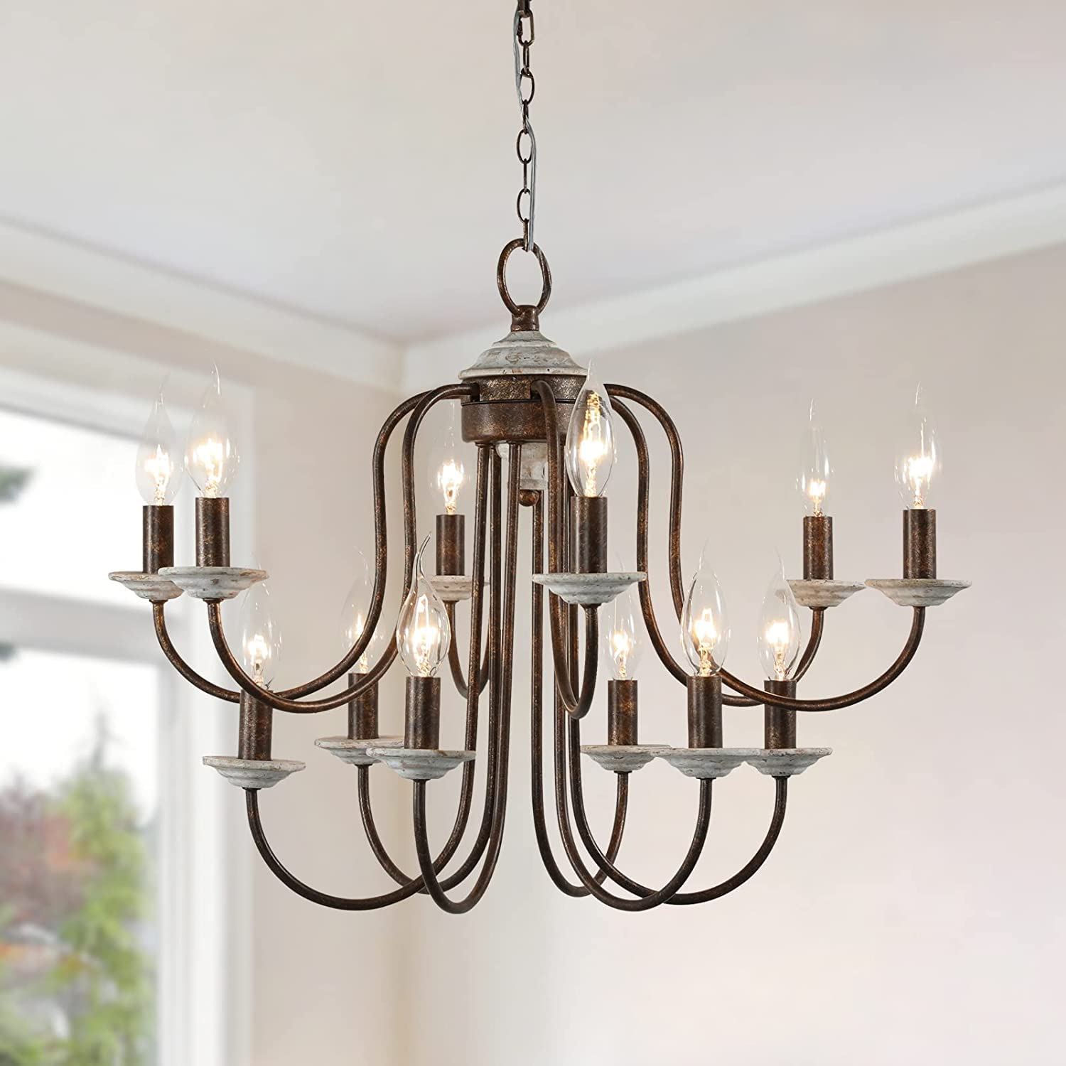 2024 New Antique Wood Farmhouse Chandelier, 4 Light Vase Shape Distressed French Country Wooden Pendant Light, Coastal Hanging Rustic Orb Chandeliers for Dining Room Kitchen Island Bedroom Foyer Entry