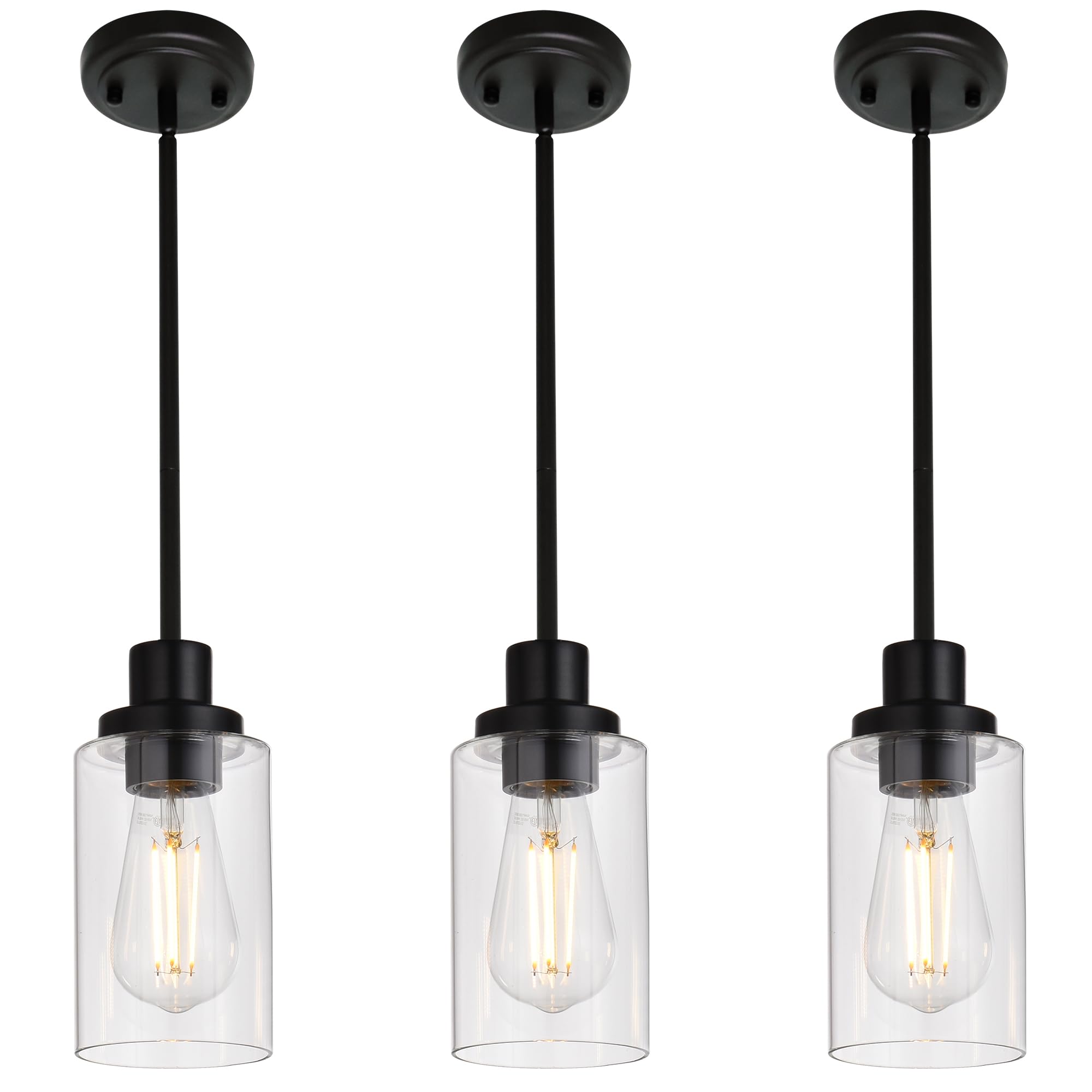 Black Pendant Lights for Kitchen Island, 5-Light Dining Room Light Fixtures Linear Chandeliers with Clear Glass Shade, DIY Hanging Lamp Ceiling for Dining Room Kitchen Bar