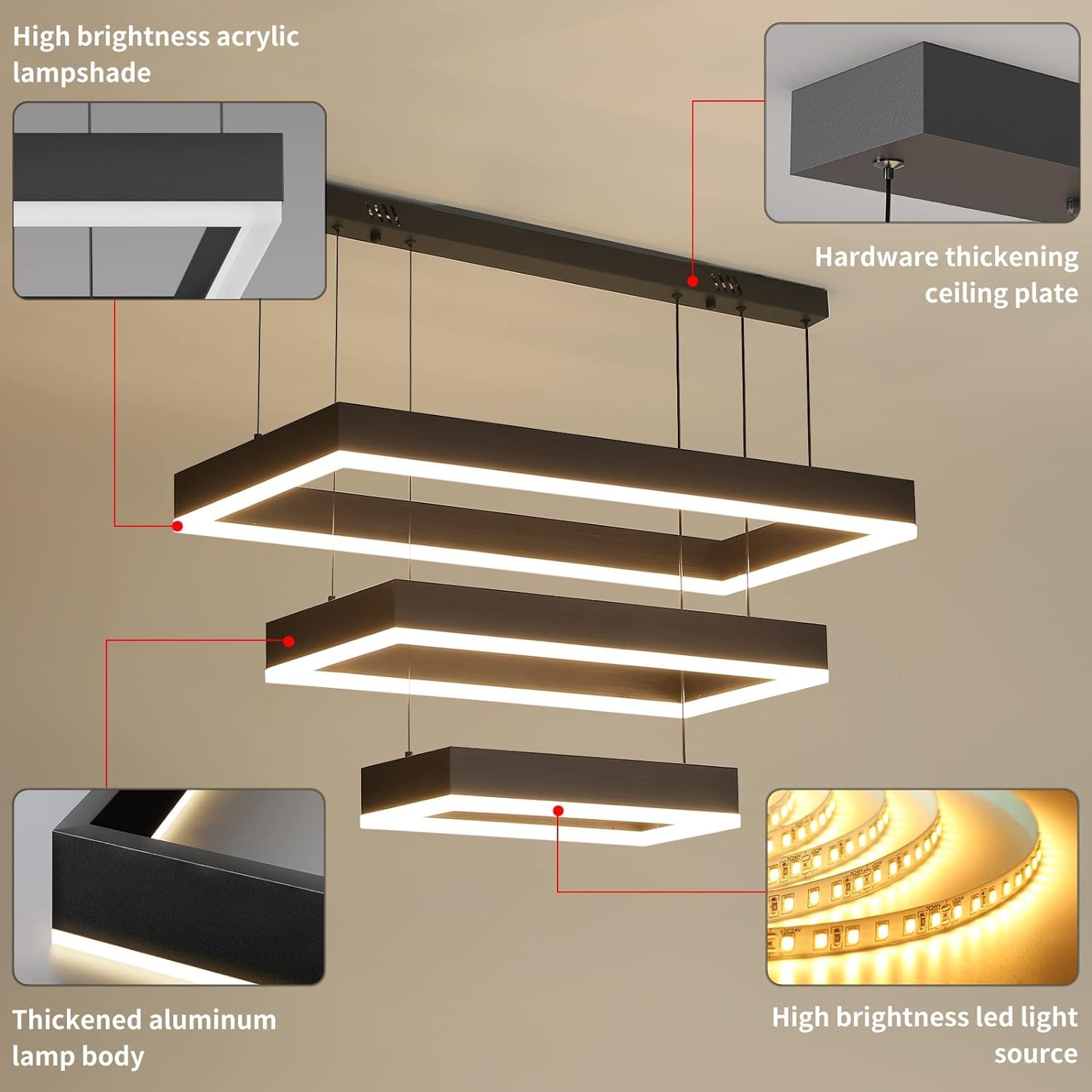 Modern LED Chandelier, Double Rectangles Ceiling Pendant Lights, LED Island Lights Dimmable Chandeliers for Dining Room Living Room Bedrooms, Black (40CM/60CM)