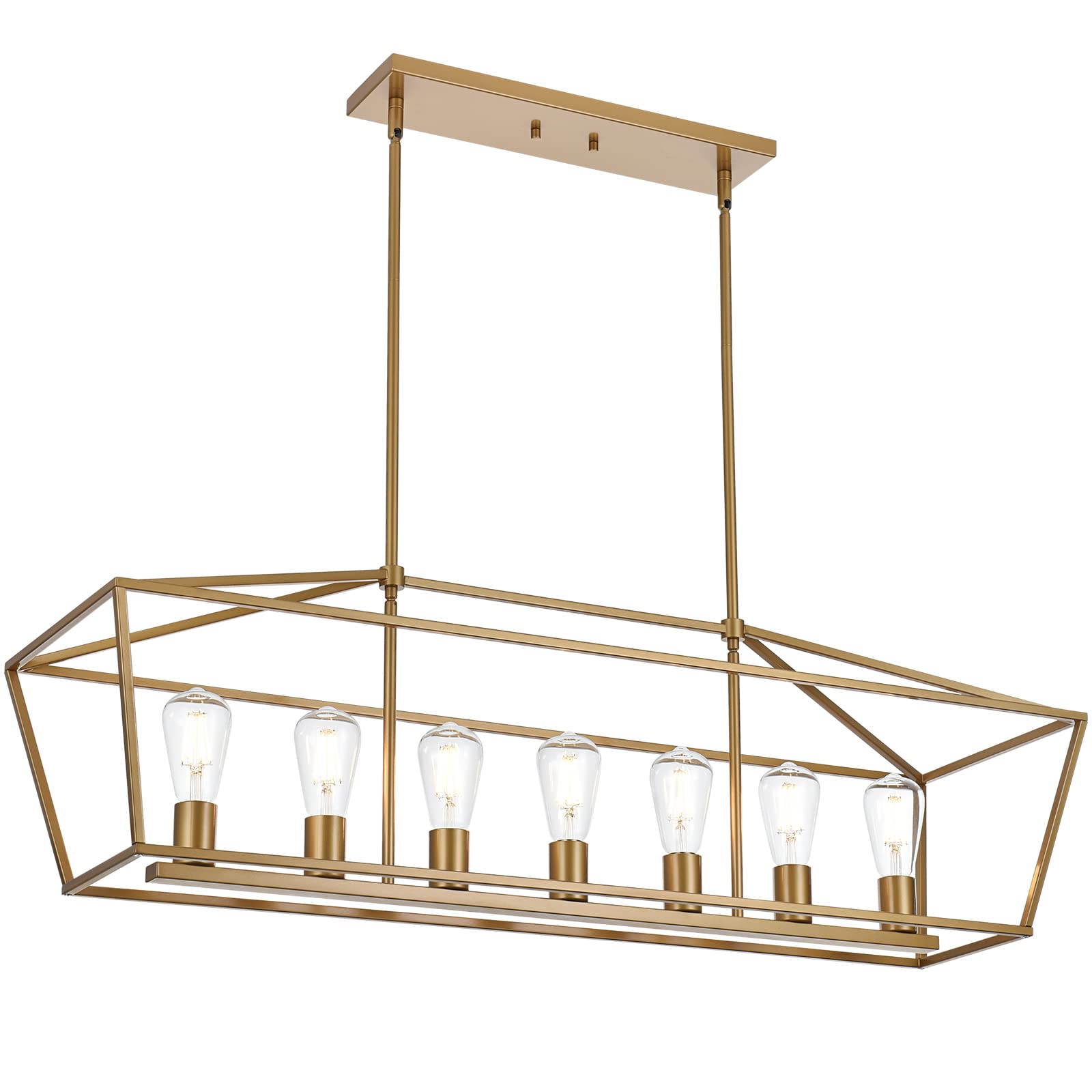 5 Light Modern Kitchen Island Light in Gold Finish,Industrial Hanging Pendant Lighting Fixture with Metal Frame Linear Lantern Chandelier for Dining Room Foyer Cafe Bar