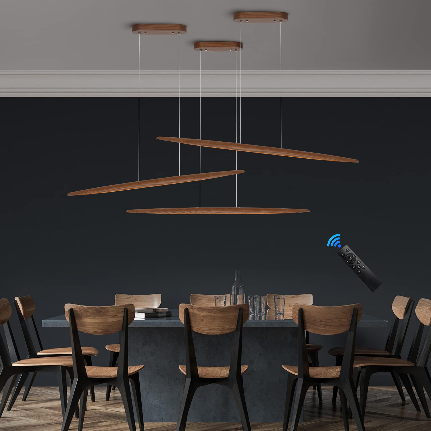 71" Wood Linear Pendant Light Wood Linear Dinning Room Light Island Lights LED Dimmable Linear Chandelier 40w for Dining Room Billiard & Pool Table Walnut Color