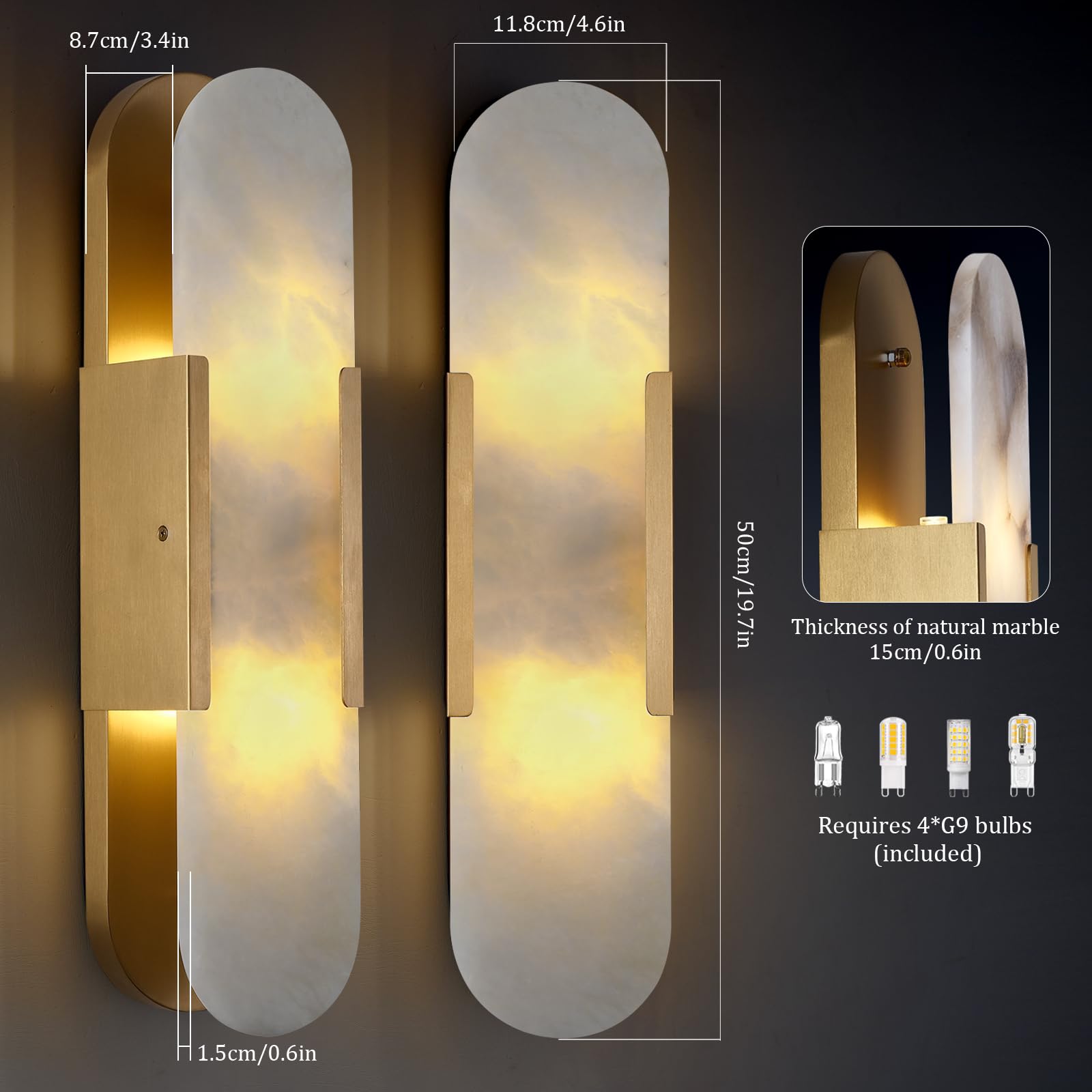 13.8 in Brass Alabaster Wall Sconces, Natural Marble Wall Sconces Set of Two Indoor Alabaster Sconces for Living Room Modern Alabaster Sconces Wall Lighting for Dining Room Stairs Bedroom