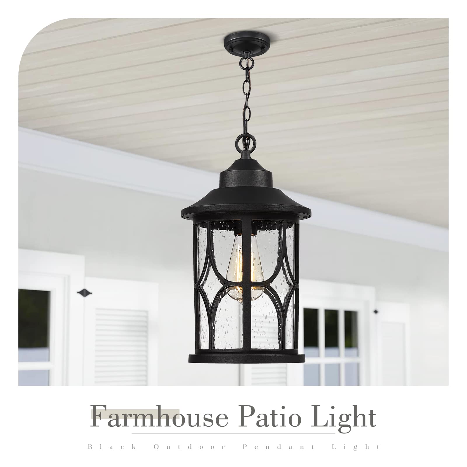 Outdoor Pendant Light for Porch - 12 Inch Farmhouse Exterior Hanging Lantern with Seeded Glass, Black Finish, ZX48H BK