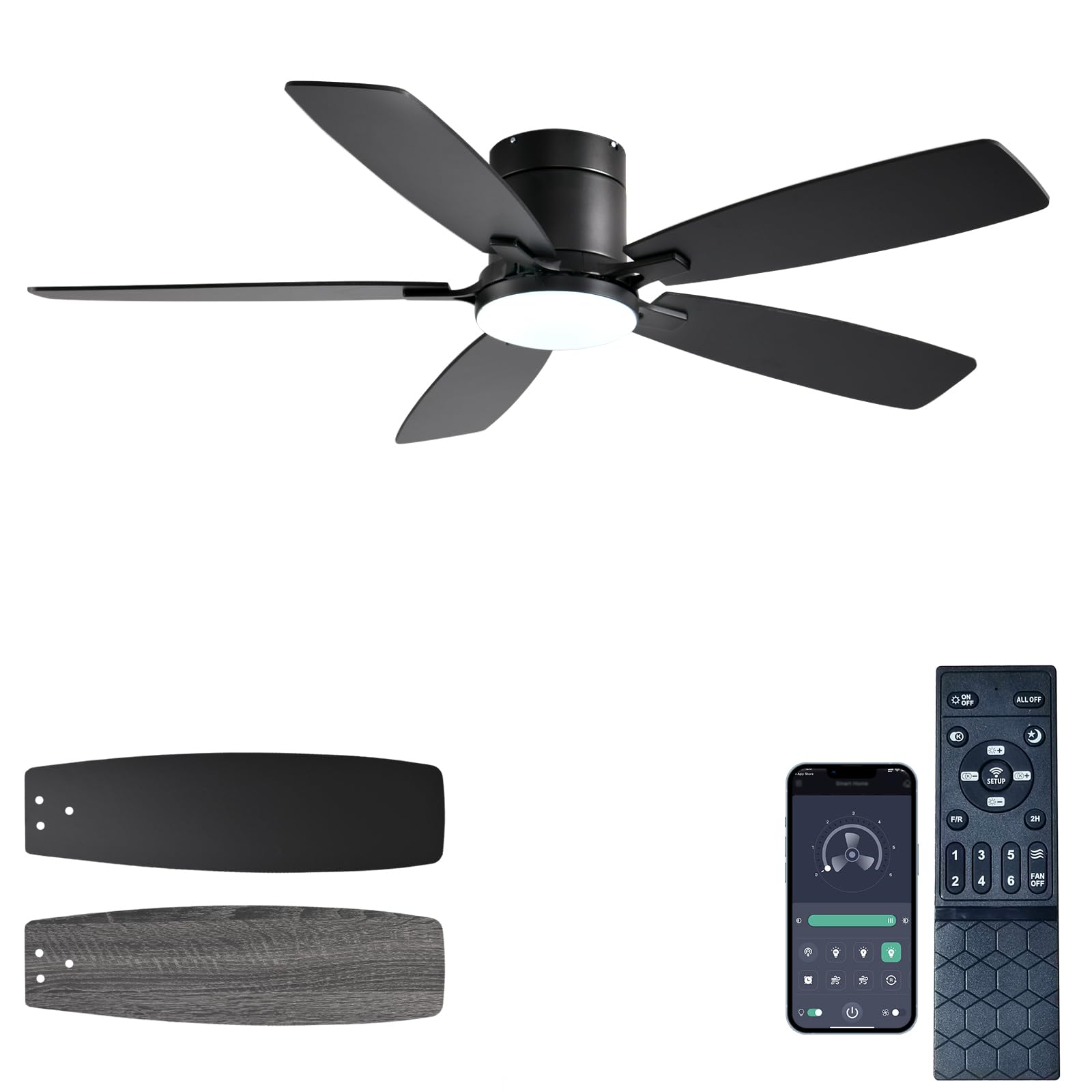 Ceiling Fans with Lights, 52 inch Low Profile Ceiling Fan with Light and Remote Control, Flush Mount, Reversible Motor, Dimmable, Noiseless, White Ceiling Fan for Bedroom, Indoor/Outdoor Use