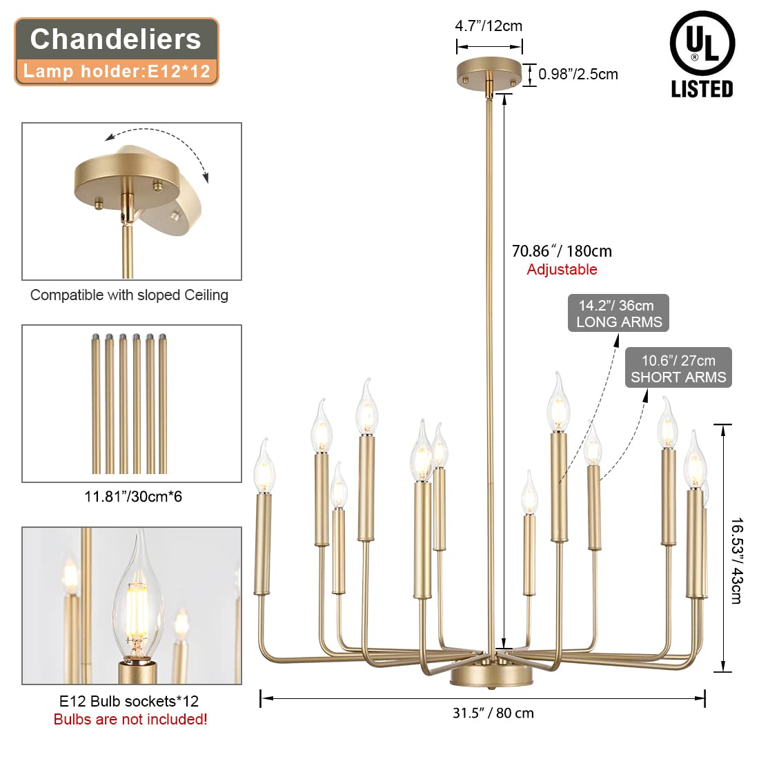 Modern Gold Chandelier, 12-Light Rustic Farmhouse Chandelier, Metal Industrial Candle Chandeliers for Dining Room, Kitchen, Foyer, Entryway, Living Room