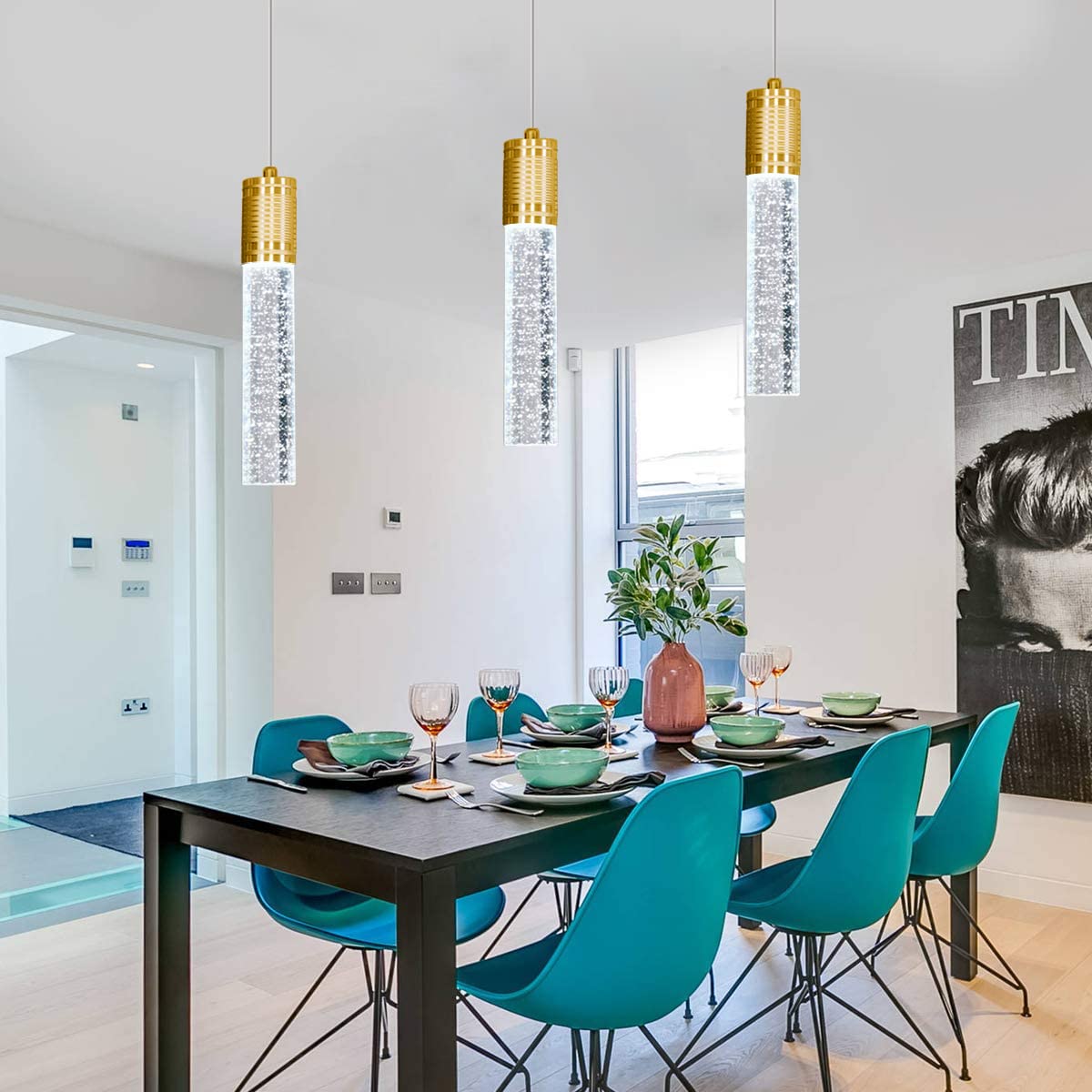 3 Lights Independent Kitchen Island Dining Room Light Pendant Light Fixtures Bubble Crystal Chandeliers Modern Kitchen Island Lighting Chandeliers Fixtures LED Lampara, 6000K LED Bulbs Included