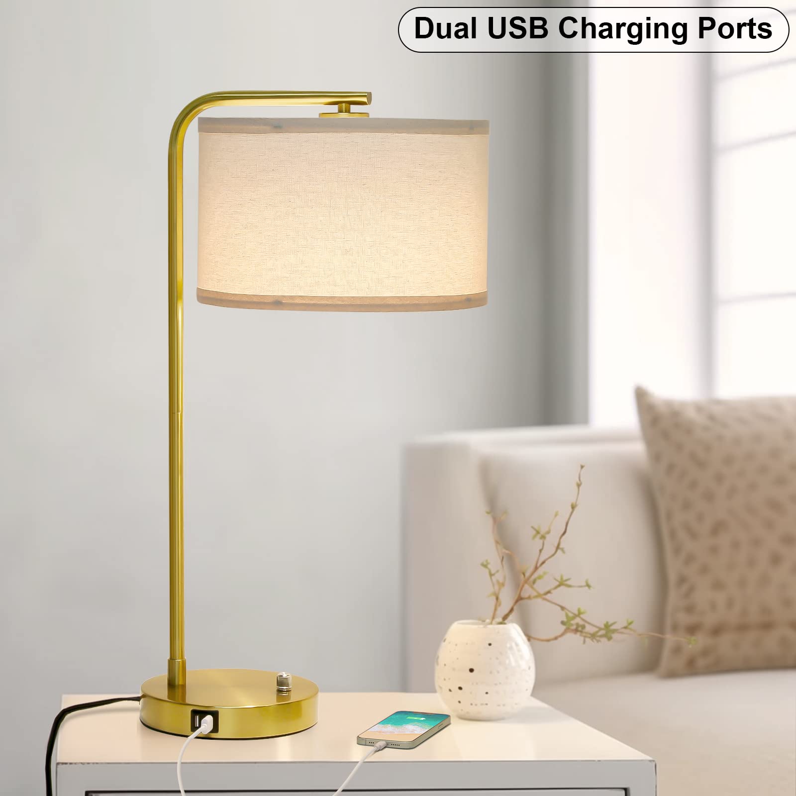 USB Bedside Lamp, Industrial Side Table Lamp with Dual USB Charging Ports, Fully Dimmable Nightstand Lamp, Tall Reading Lamp Desk Lamp for Bedroom, Living Room, Office, 9W LED Bulb Included