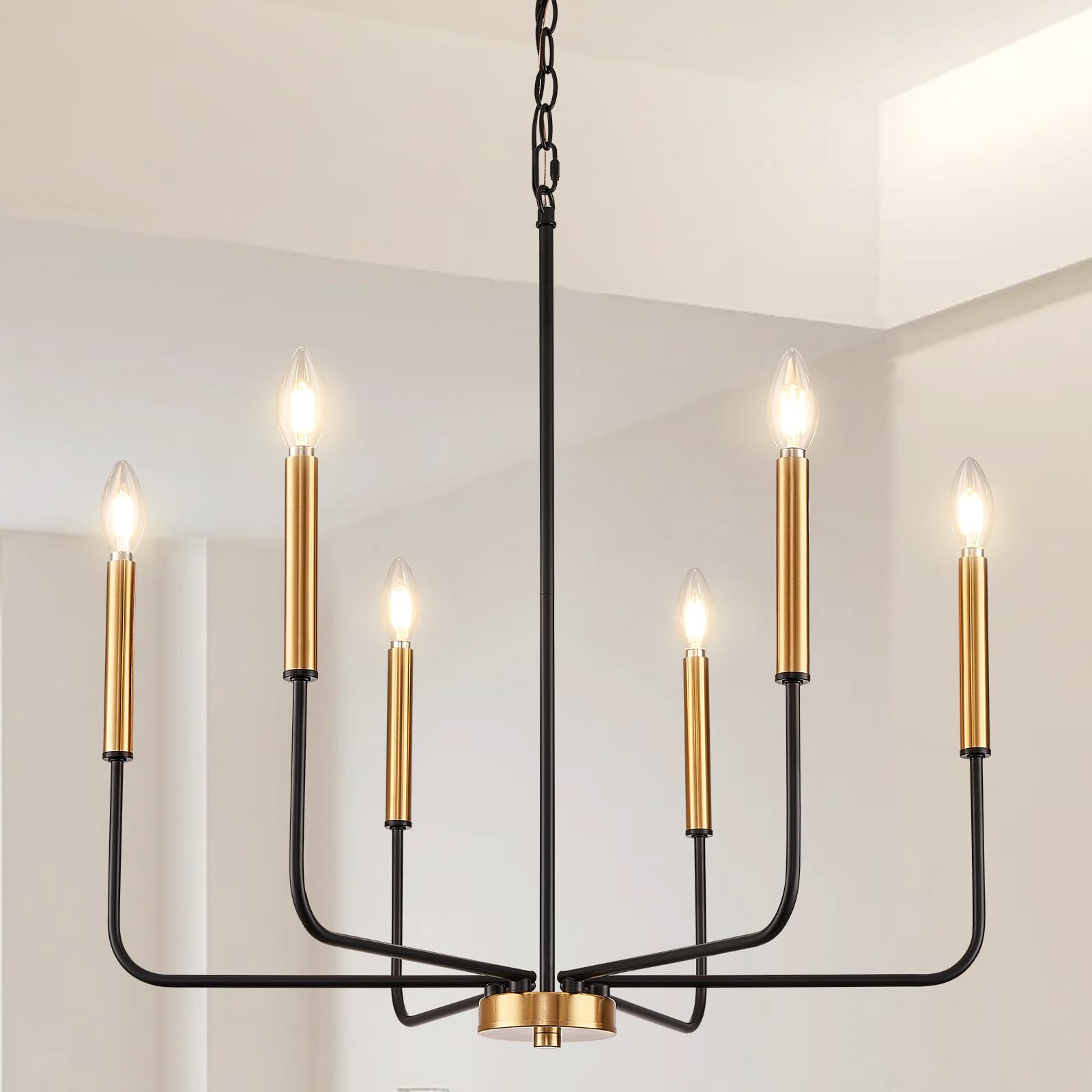 Modern Black and Gold Chandelier for Dining Room, 6-Light Metal Farmhouse Dining Room Light Fixtures Hanging Candle Chandelier Lighting for Kitchen, Living Room, Foyer, Entryway, Bedroom