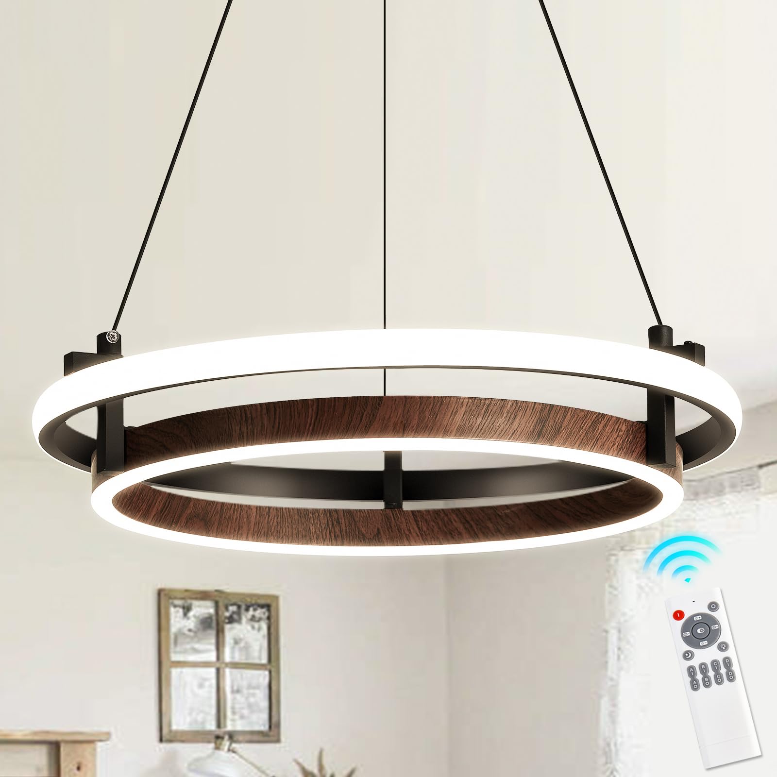 Modern LED Pendant Light 2 Ring Contemporary Chandelier Black and Wooden Hanging Light Fixture for Kitchen Table Dining Room Bedroom Entryway Living Room