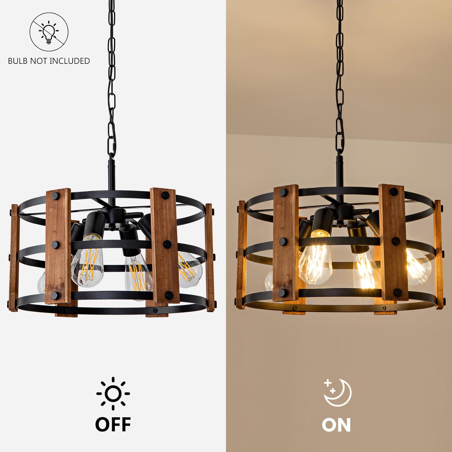 15'' Farmhouse Chandelier, Wooden Chandelier，Adjustable Dining Room Light Fixture Kitchen Island Lighting, Rustic Hanging Lights for Entryway Foyer Bedroom Living Room