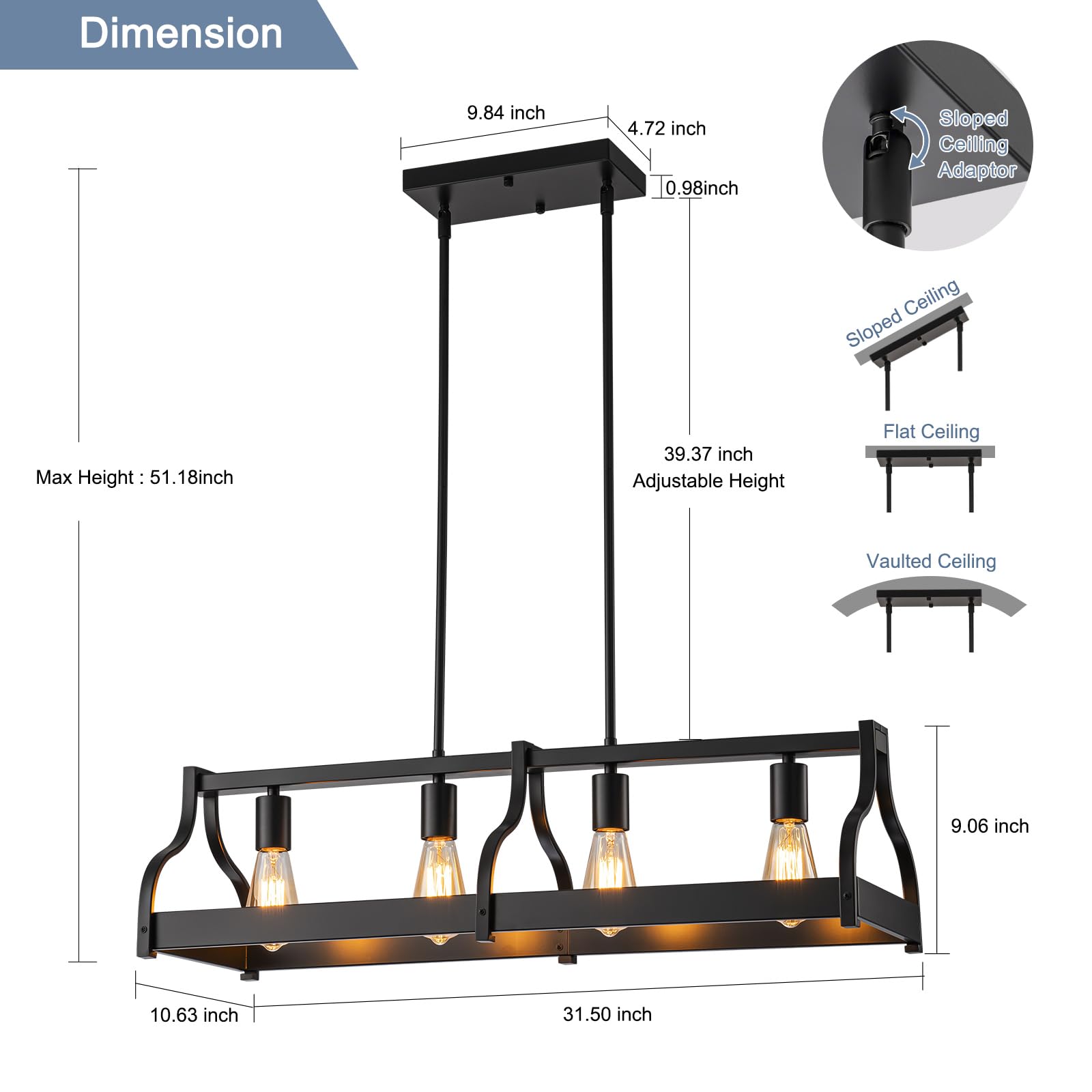 Farmhouse Kitchen Island and Dining Room Chandelier,Rustic 4-Light Linear Pendant Light Fixture with Adjustable Height and High Brightness,Black Industrial Hanging Light