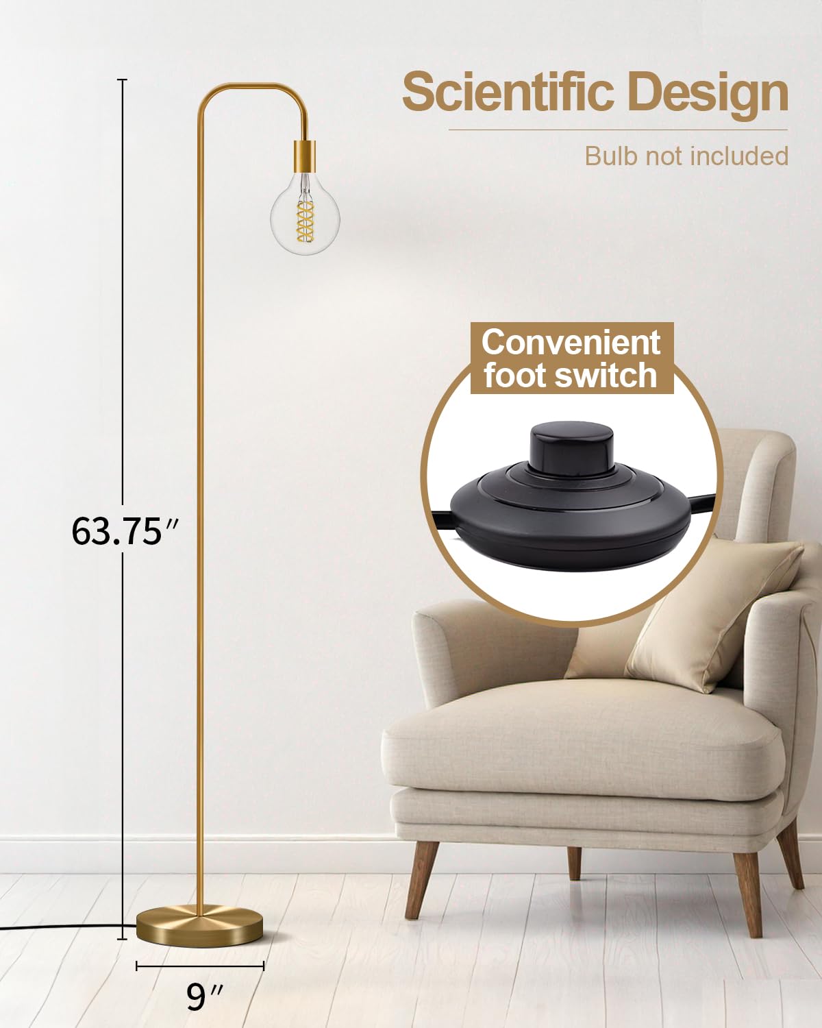 63.75'' Industrial Antique Brass Gold Minimalist Floor Lamp for Living Room, Bedroom and Office