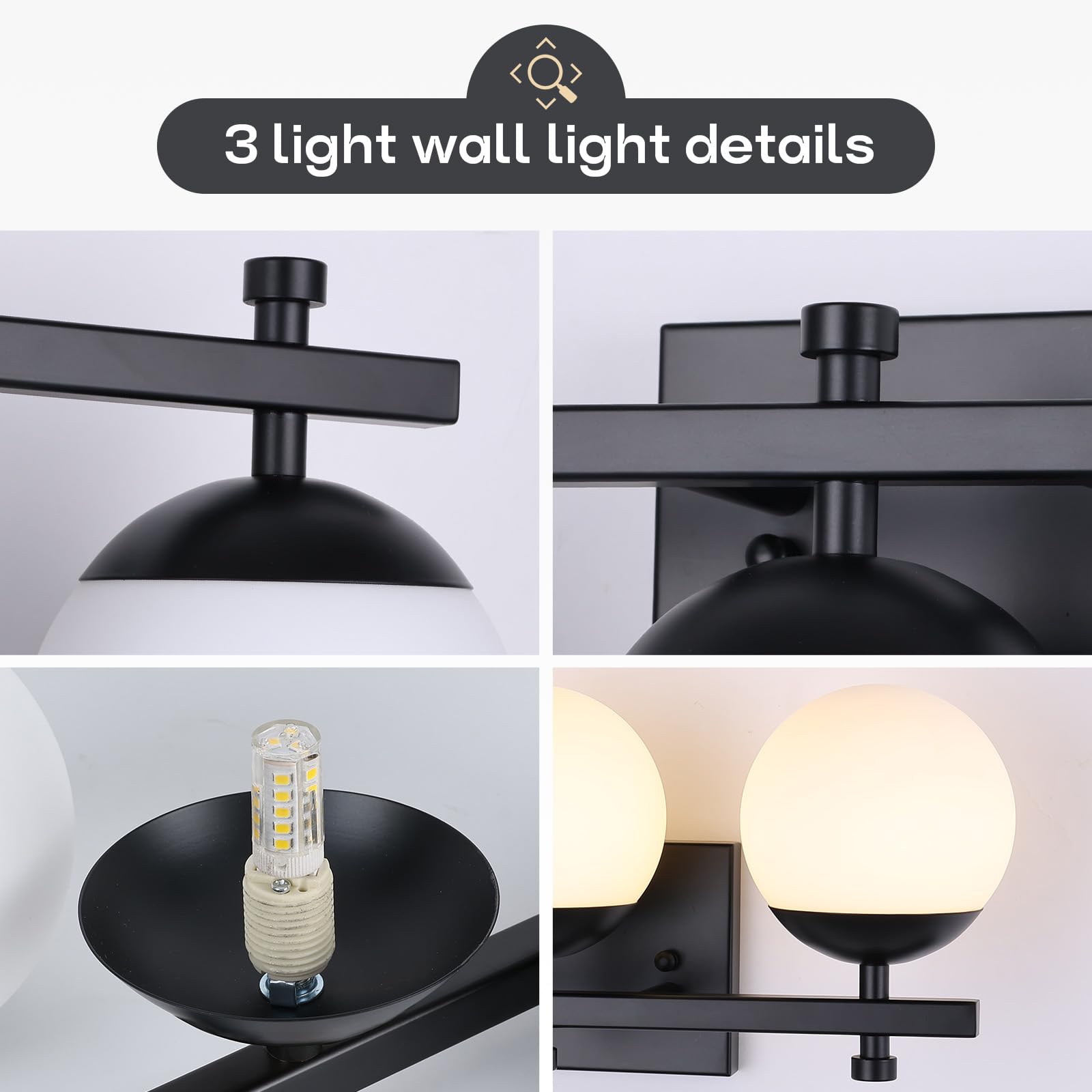 Bathroom Light Fixtures, 3-Light Bathroom Vanity Light with Frosted Glass Shade and Metal Base, Black Vanity Lights for Bathroom/Kitchen(G9 Base)