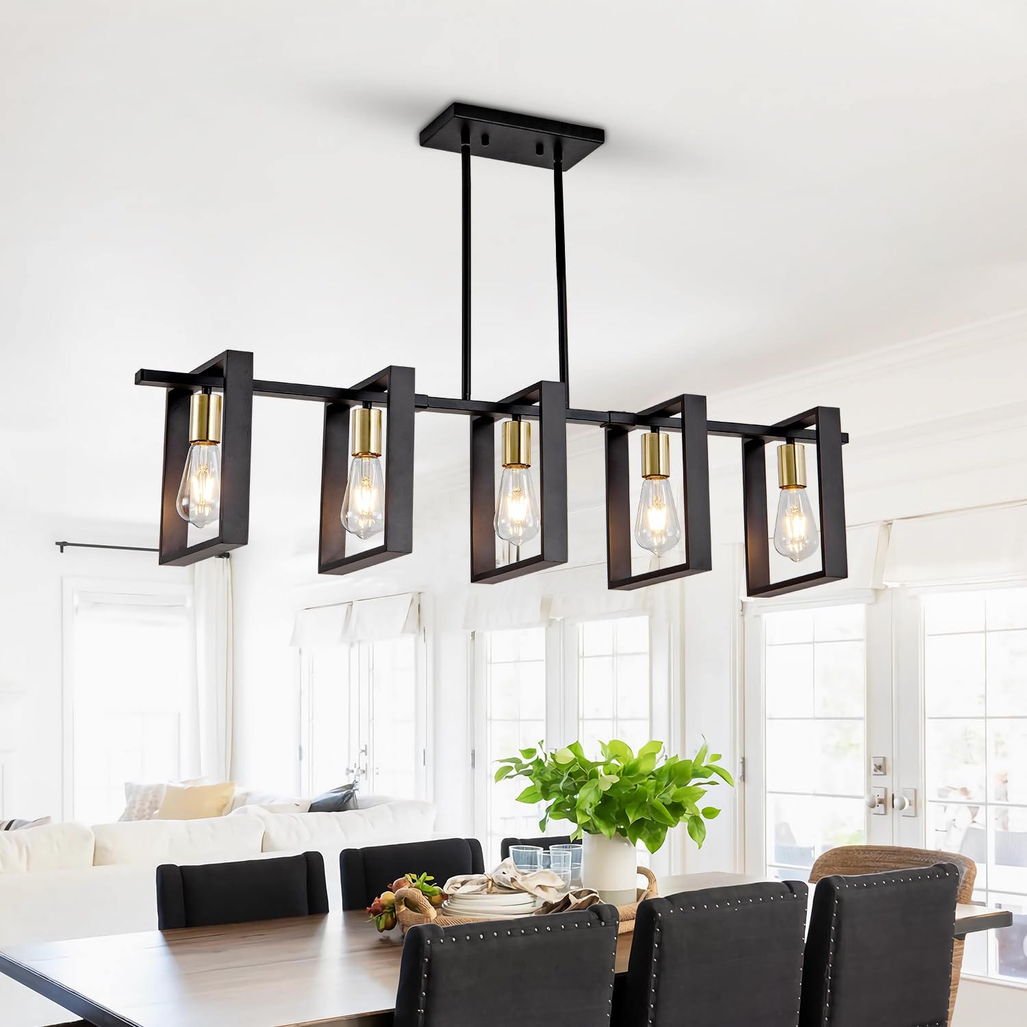 Farmhouse Kitchen Island Lighting Black Chandeliers for Dining Room Wooden Island Lights,Industrial Rectangle Light Fixtures Ceiling Hanging (4 Lights)