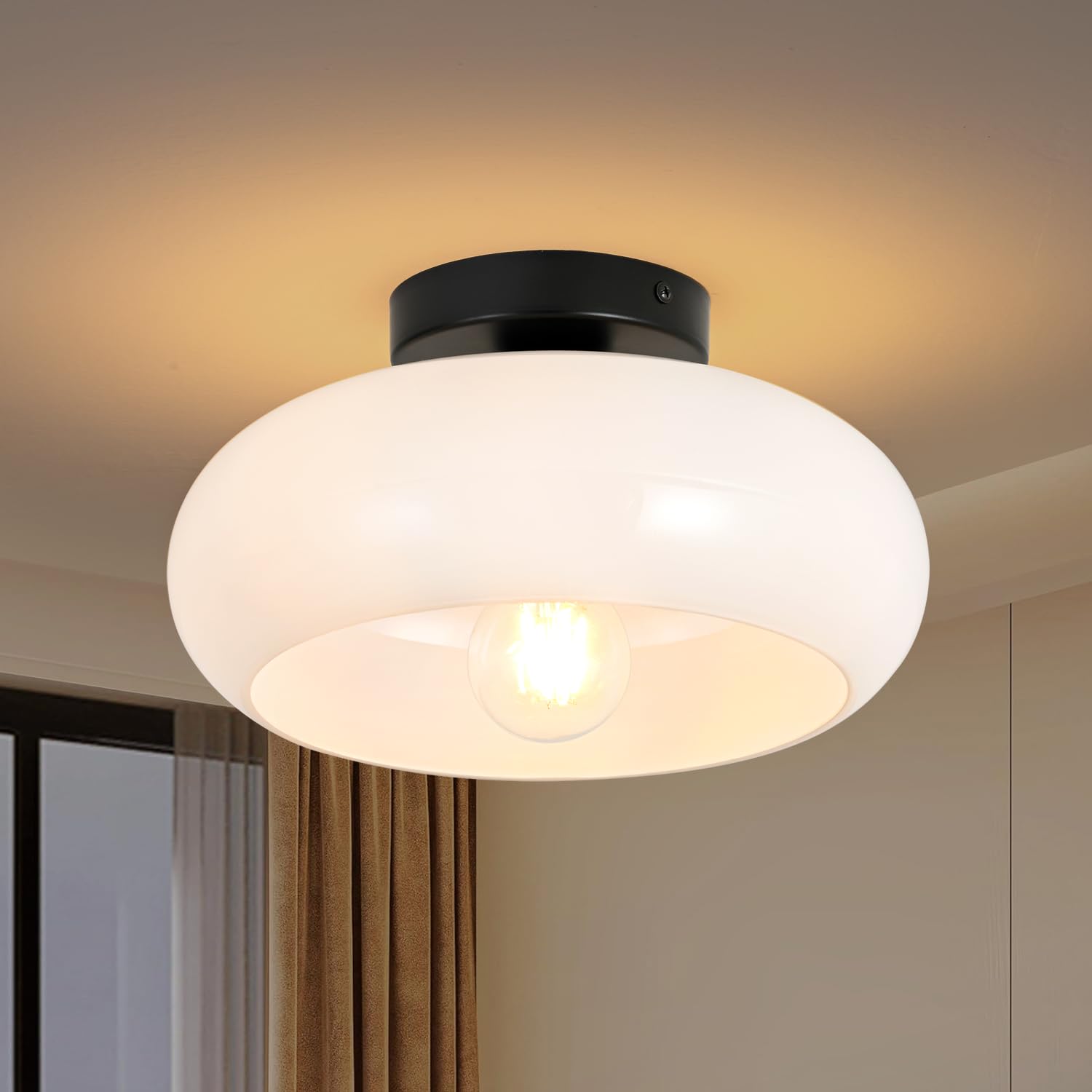 Mid-Century Modern Gold Semi Flush Mount Ceiling Light, Kitchen Ceiling Light Fixture with Glass Shade, Vintage White Close to Ceiling Lamp for Entryway Hallway Bathroom (8.66 Inch)