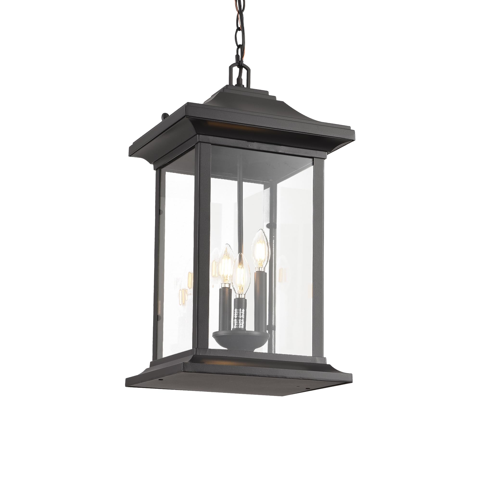 Large Outdoor Pendant Light, 3-Light Outdoor Chandelier, Retro Exterior Hanging Lantern, Hanging Outdoor Light Fixture for Porch, Seeded Glass Sheet with Matte Black Finish