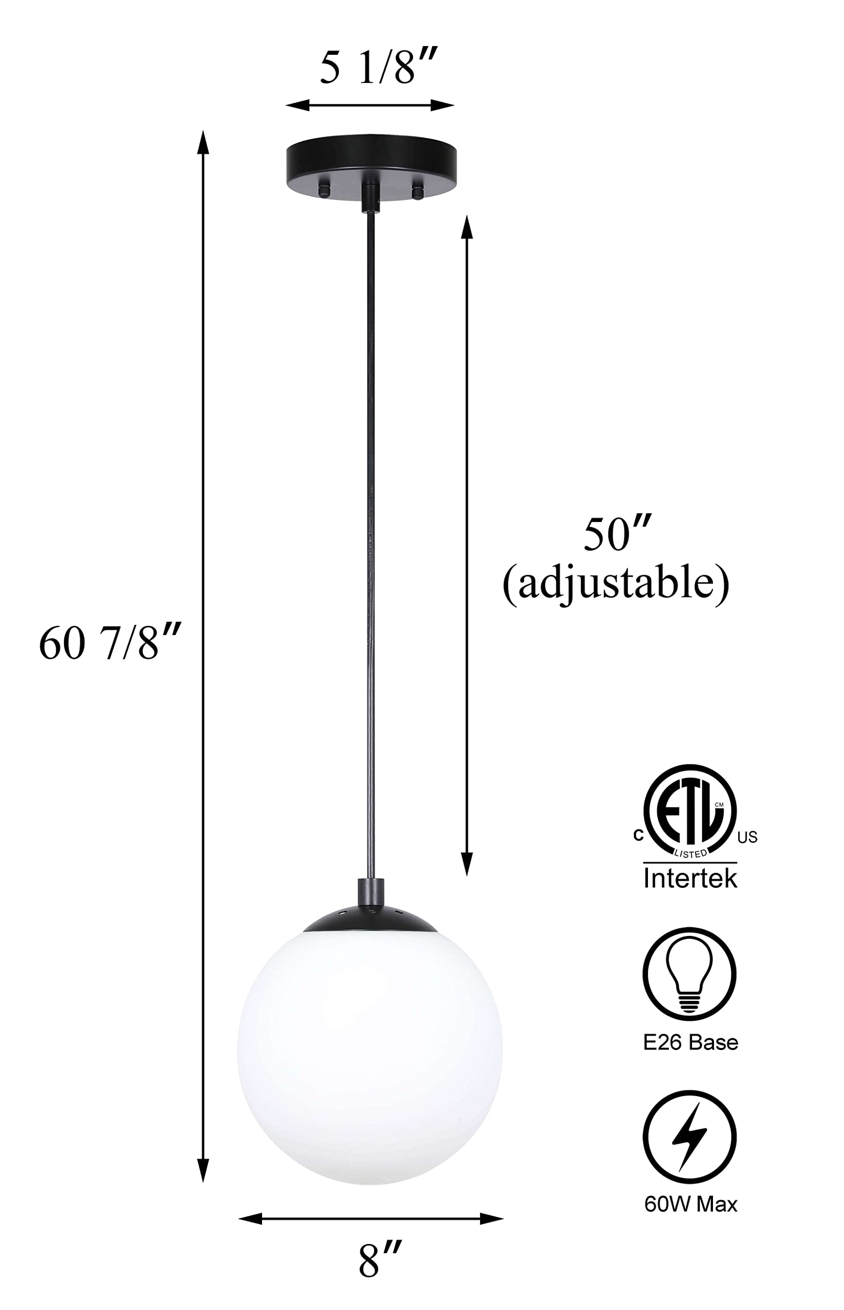 Lighting Pendant Lighting 1 Light Globe Pendant Light, Modern Adjustable Kitchen Hanging Ceiling Light Matte Black Finish XB-P1211-MBK