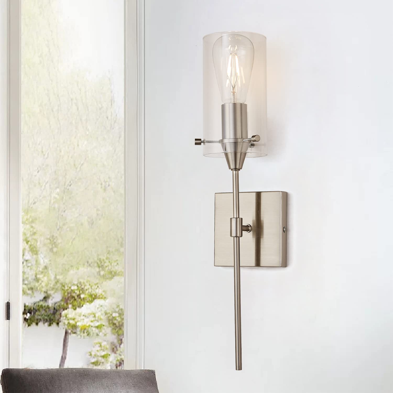 Brushed Nickel Wall Sconces Set of Two, Modern Bathroom Wall Sconce Vanity Light Fixtures with Clear Glass, Hardwired Wall Lamps Industrial Sconces Wall Lighting for Living Room Corridor Bedroom