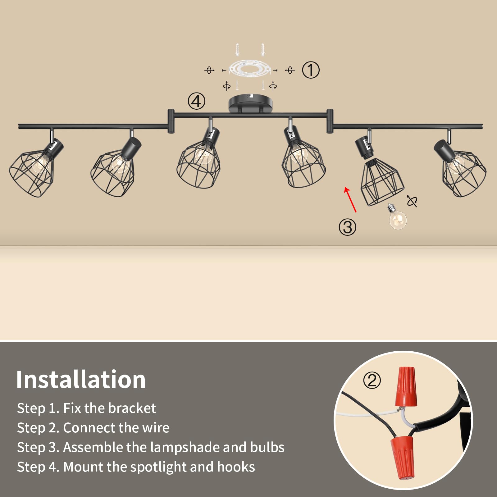 6 Light Track Lighting Fixtures, Black Ceiling LED Track Lighting Kit with Flexibly Rotatable Track Heads&G10 Socket, Modern Ceiling Spotlight for Kitchen, Office, Closet, Studio, Bedroom