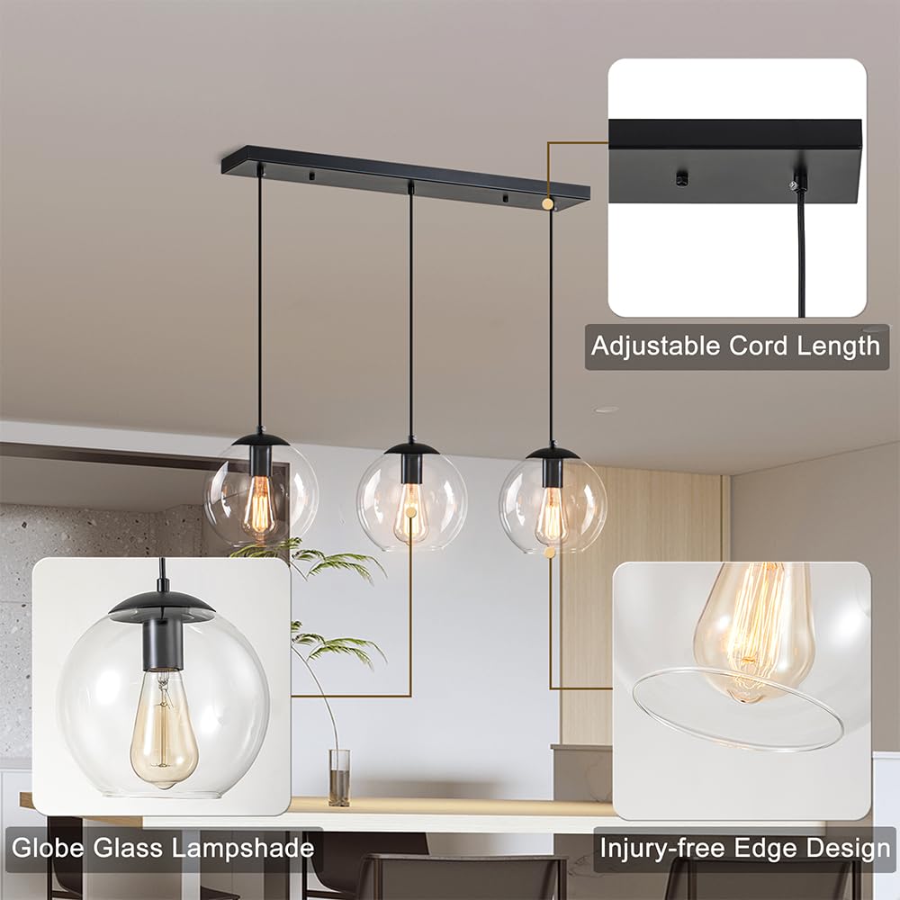 Globe Pendant Light, Modern Hanging Lighting Fixture, Classic Cluster Chandelier with Clear Glass Shades(Black, 3 Lights, 27.6 Inch)