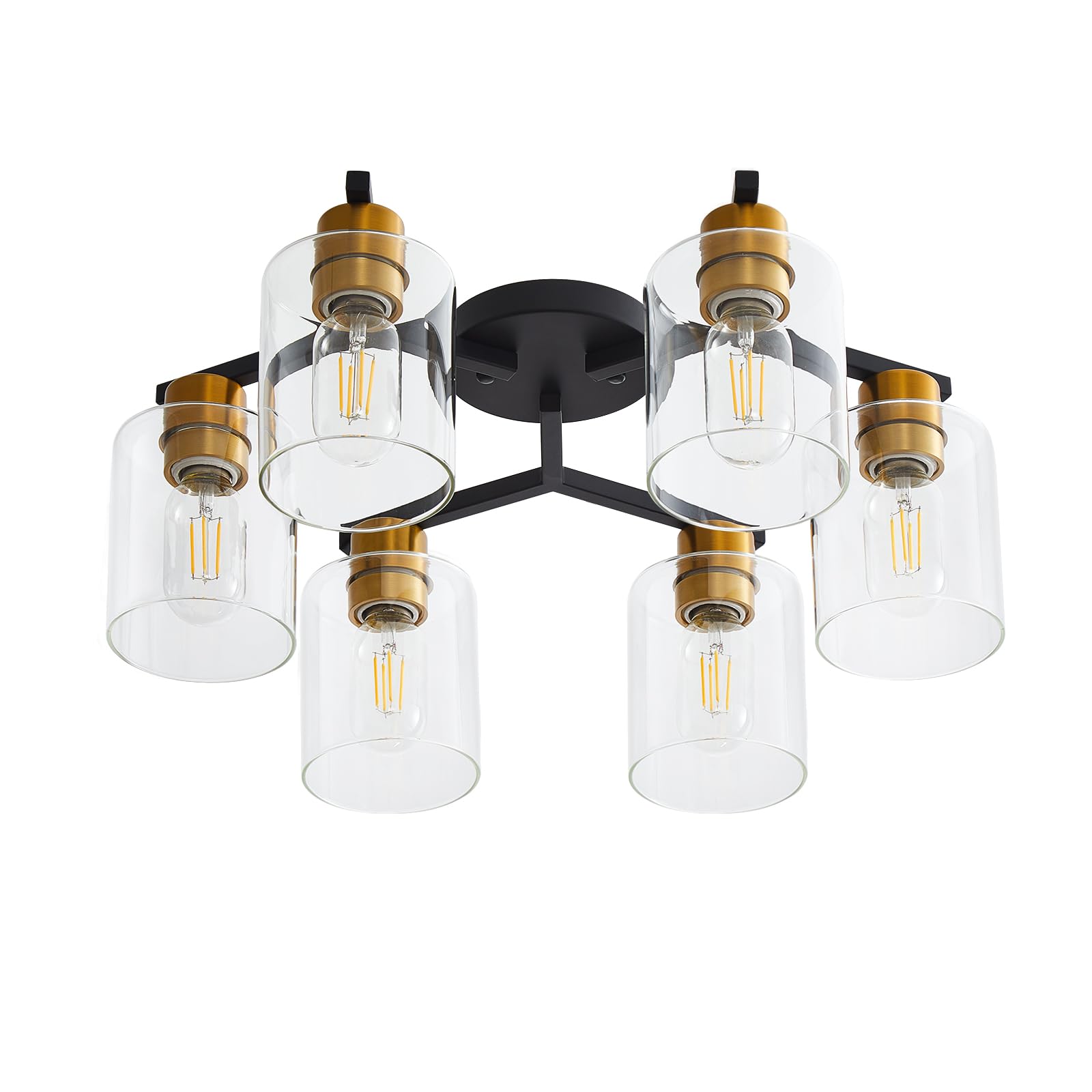 6 Light Semi Flush Mount Ceiling Light, Kitchen Lighting Fixtures Ceiling, Industrial Black Ceiling Light Fixtures with Clear Glass Shade for Hallway, Foyer, Farmhouse, Bedroom, Living Room