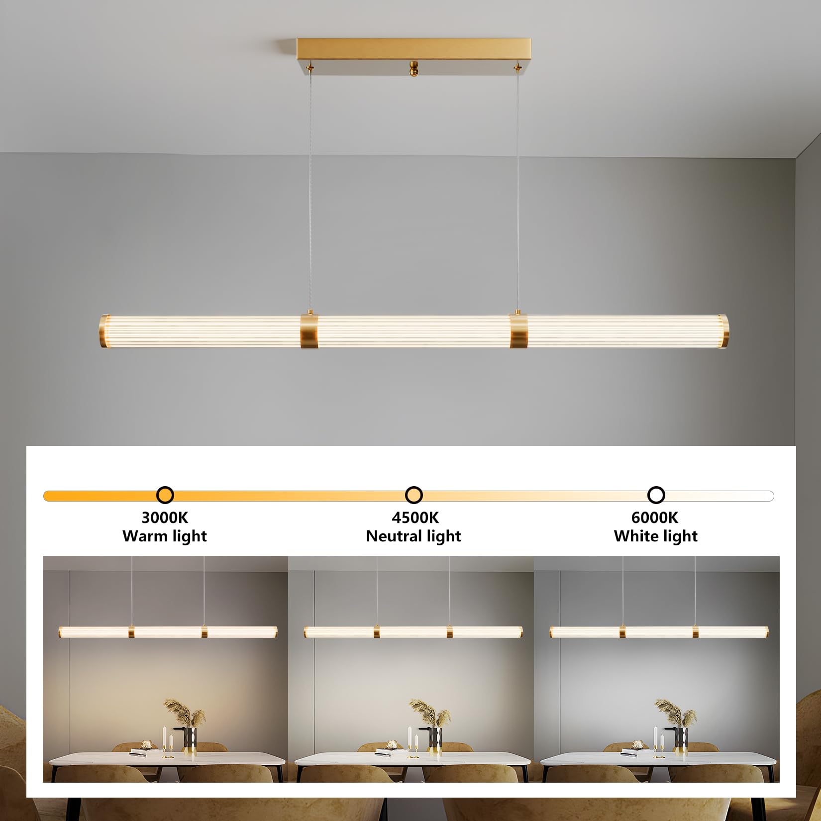 Modern Chandelier Gold LED Pendant Light, Adjustable Gold Linear Chandeliers, Dimmable Island Light, Easy Install Hanging Light Fixture,Ceiling Light for Office Dining Room Kitchen Bedroom Living Room