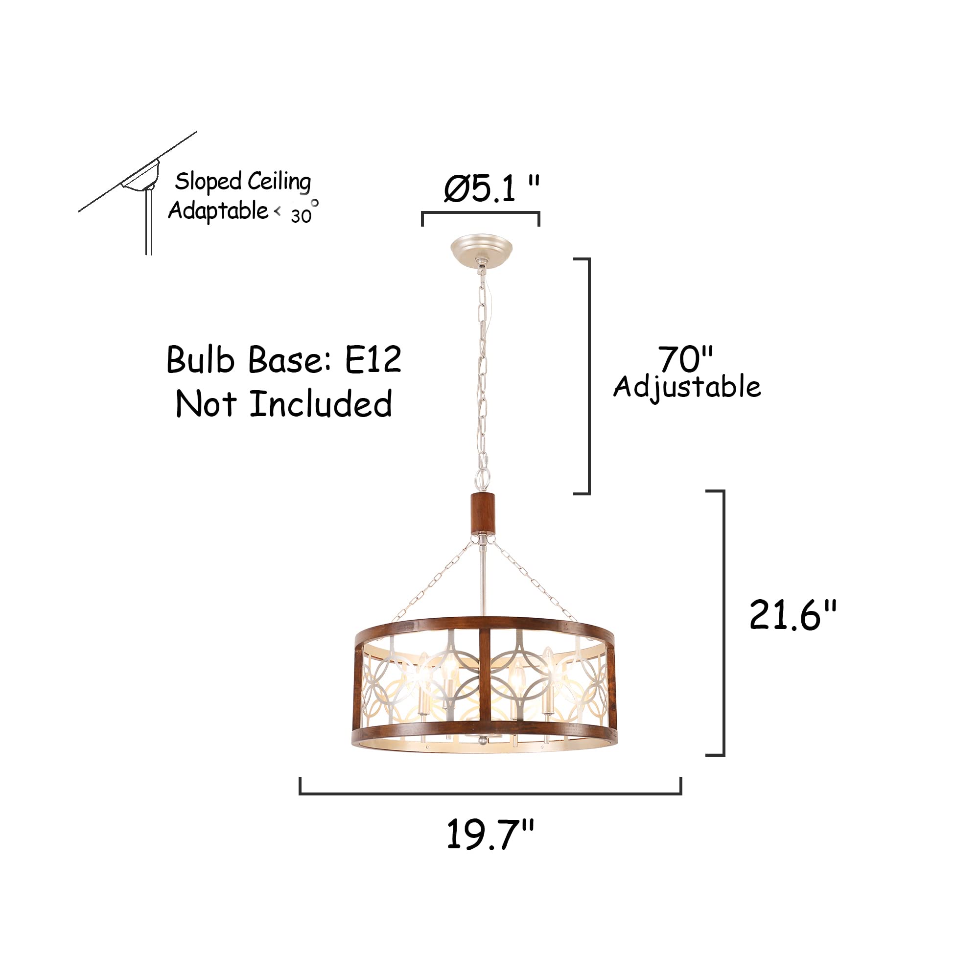 Rustic Farmhouse Chandelier, 4-Light Handmade Wood Pendant for Kitchen, Dining, Foyer, W19.7 x H21.6, Weathered Wood