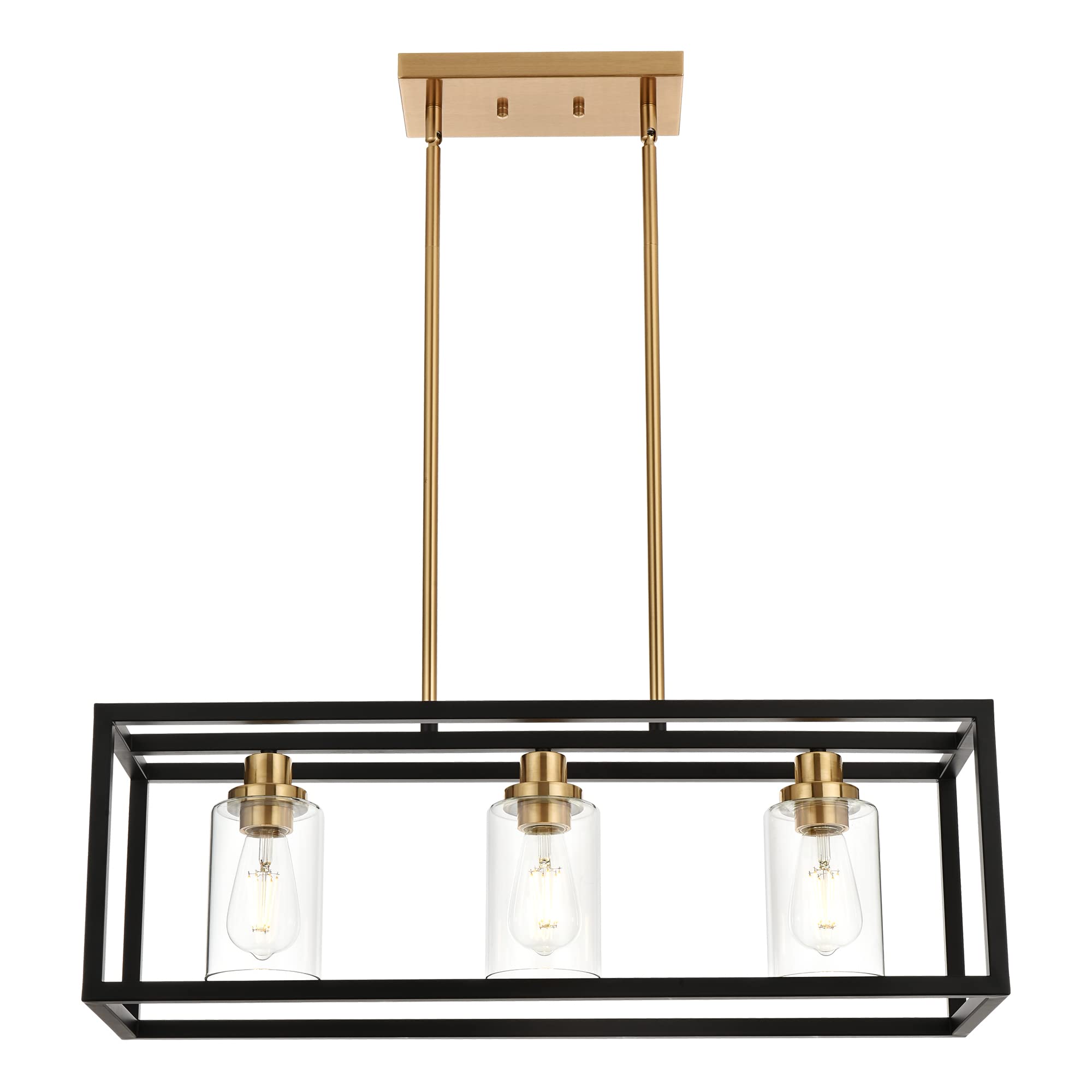 MELUCEE Black Chandeliers Rectangle 5 Lights Dining Room Lighting Fixtures Hanging Over Table, Kitchen Island Lighting Linear Pendant Light Ceiling with Clear Glass Shade and Brushed Brass Socket