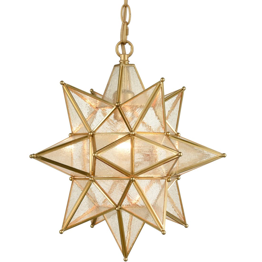 Moravian Star Pendant Light 20-Inch Large Hanging Ceiling Light Modern Gold Finish with Seeded Glass Adjustable Chain