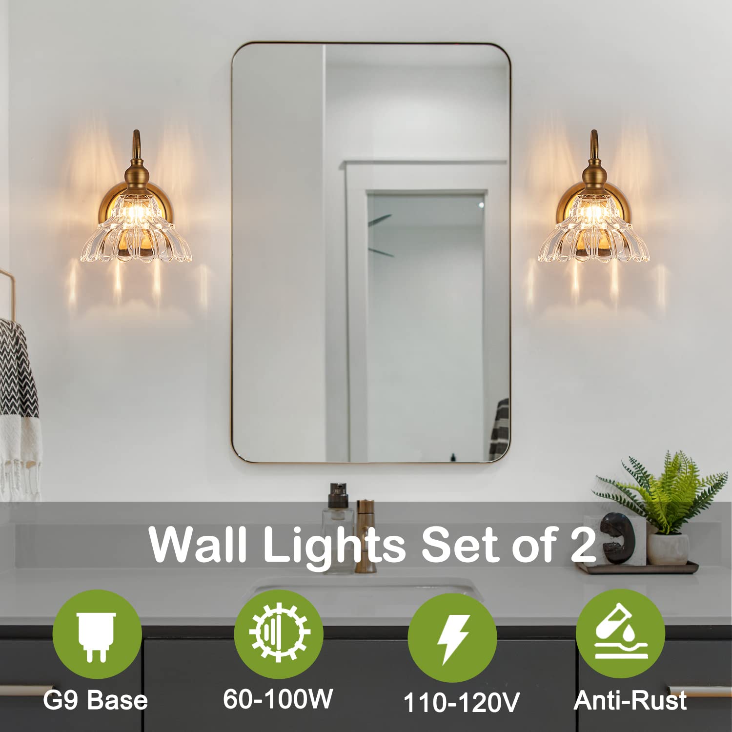 2-Pack Modern Wall Sconces Gold Bathroom Vanity Lighting Fixtures Beautiful Wall Light Set of Two for Bedroom Bathroom Hallway Living Room Decor