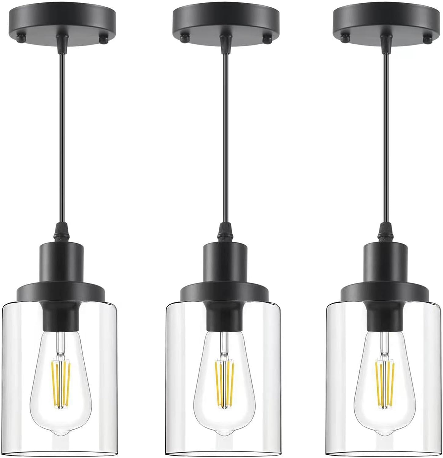 Industrial Pendant Lights, Modern Clear Glass Shade Pendant Lighting, Black Pendant Light Fixtures Ceiling Light, Farmhouse Pendant Lighting for Kitchen Island Hallway Porch Corridor Bedroom, 3-Pack