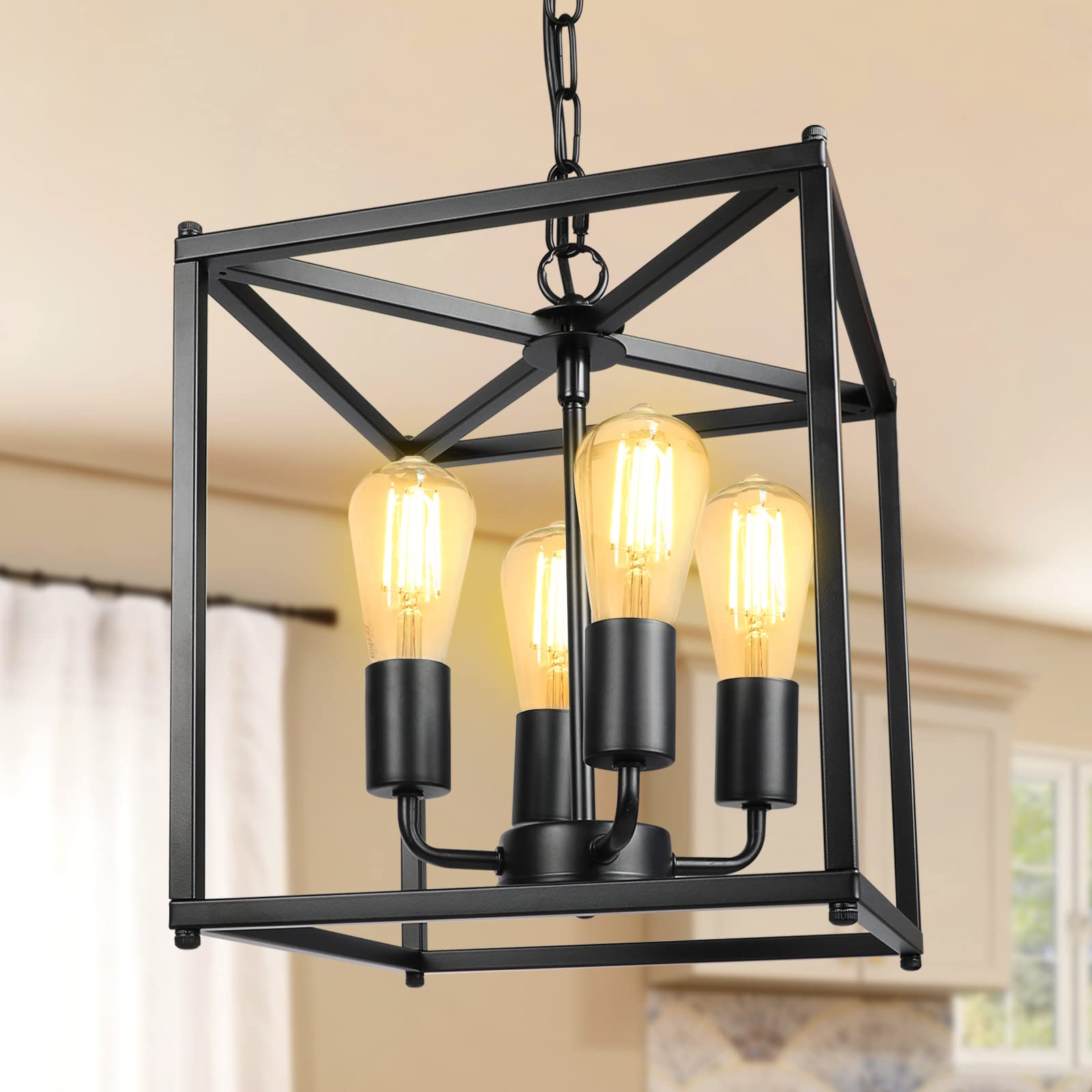 4-Light Black Farmhouse Chandelier, Iron Lantern Pendant Light Rustic Cage Adjustable Height, E26 Base Industrial Hanging Lights for Kitchen Island Dining Room Hallway Foyer Entryway