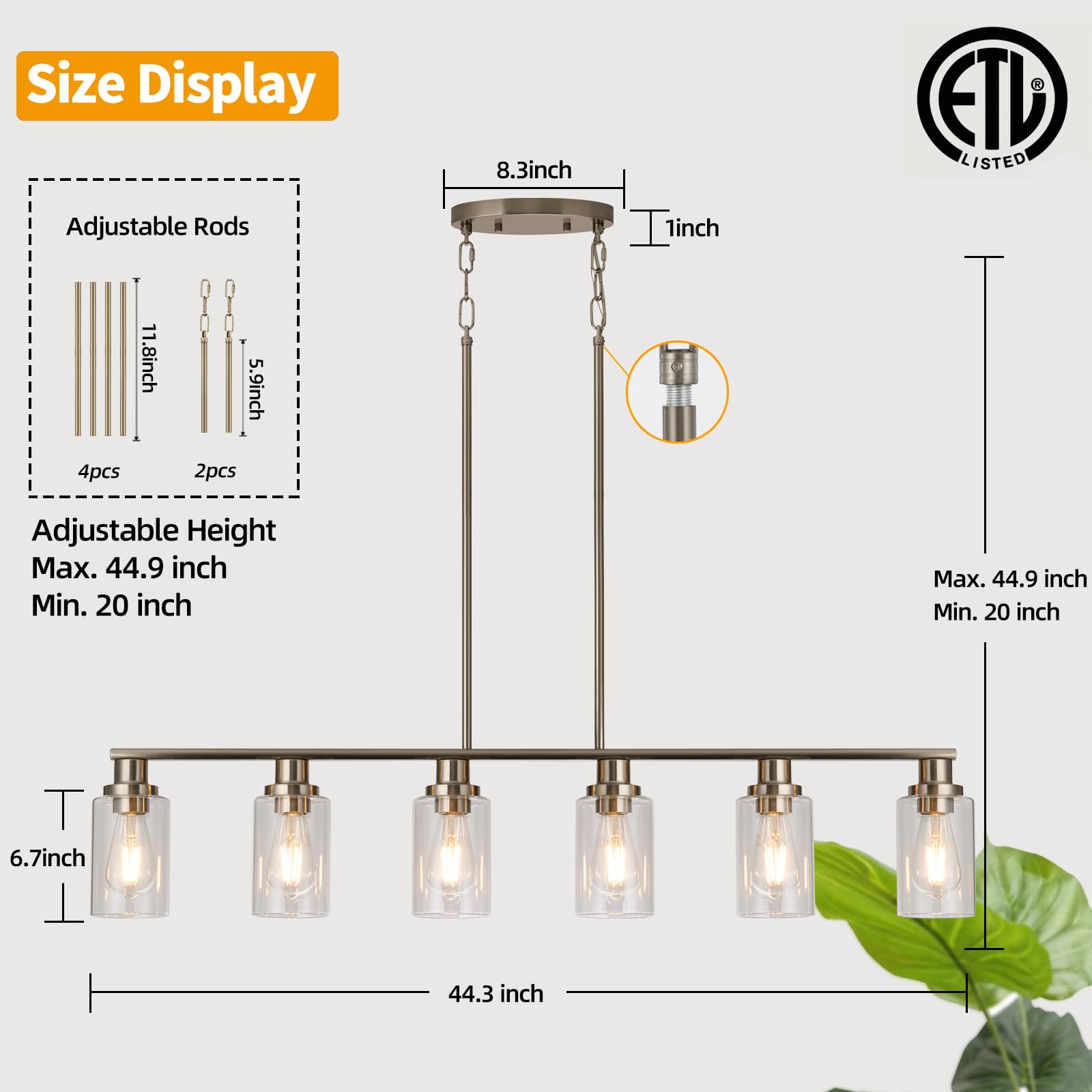 Kitchen Island Lighting, 4-Light Dining Room Light Fixtures Over Table, Gold Linear Chandelier for Dining Room Hanging,Pendant Lights Kitchen Island,with Clear Glass Shade,Height Adjustable