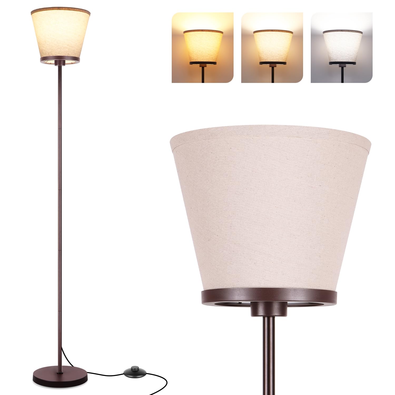 LED Floor Lamp, 3 Color Temperatures Floor Lamp for Living Room Bedroom Office, 68" Tall Standing Lamp Floor Lamp. 15W Bulb Included(Brown).