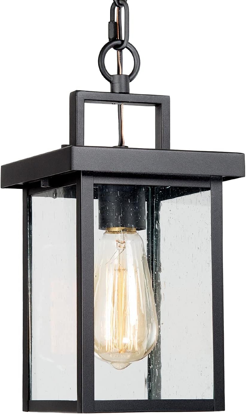 Outdoor Pendant Light Fixture, Exterior Hanging Lantern, 1-Light Outdoor Chandelier Lamp in Black Finish with Seeded Glass, Outdoor Ceiling Lantern for Porch, Patio, Gazebo, Hallway, Entryway