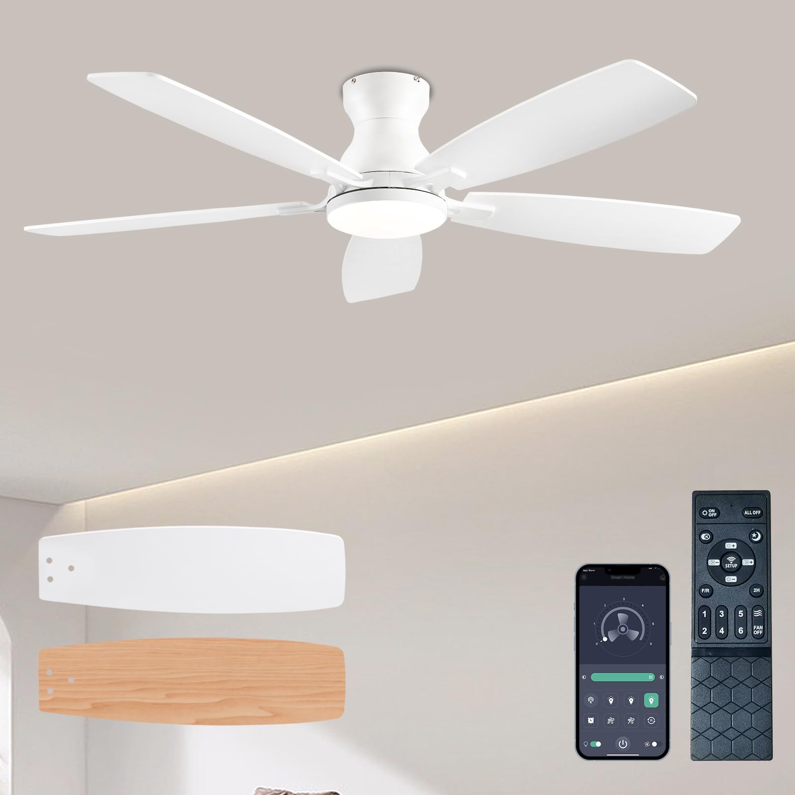 Ceiling Fans with Lights, 52 Inch Low Profile Ceiling Fan with Light and Remote Control, Flush Mount, DC Reversible Motor, Noiseless, Black 6 Speeds Ceiling Fan for Bedroom