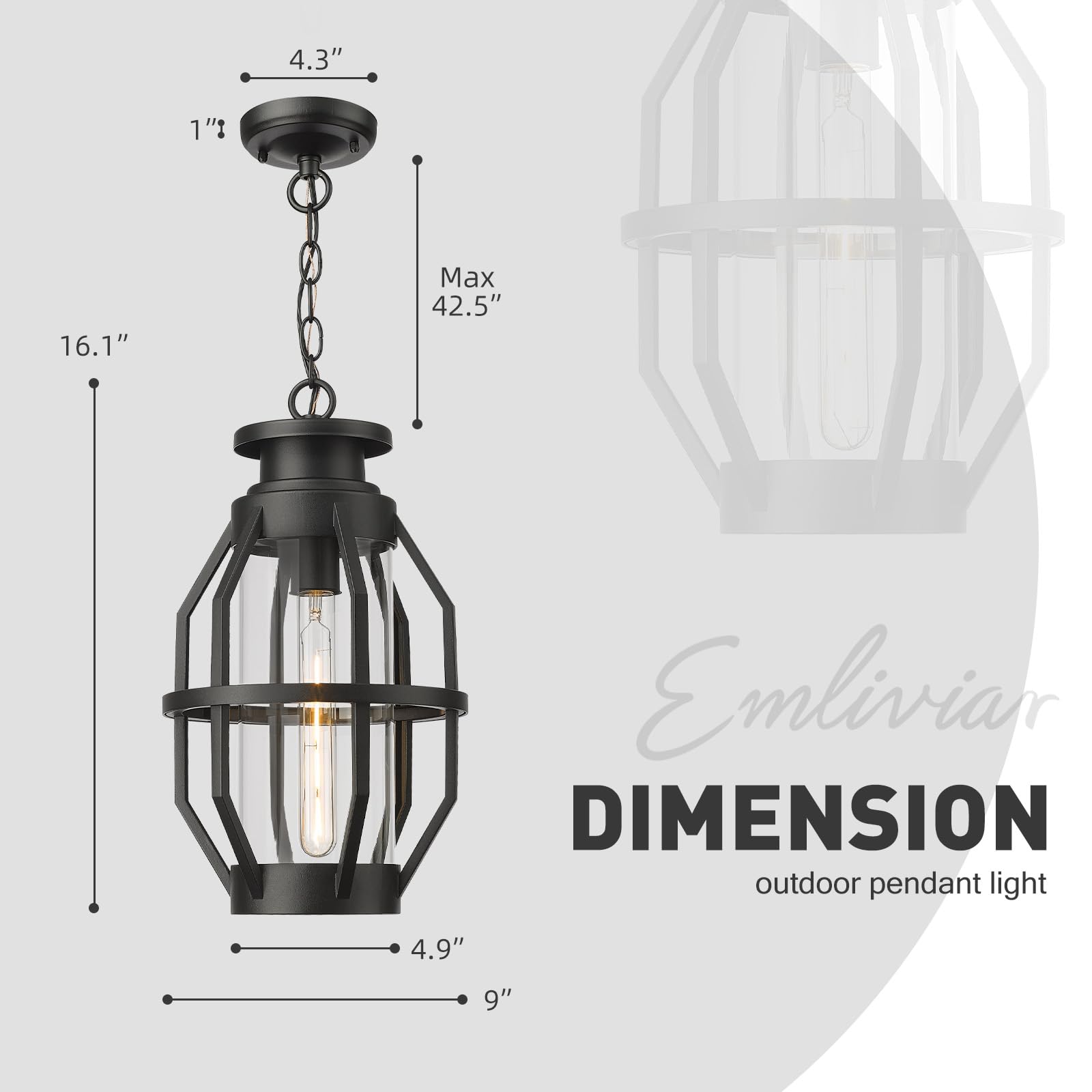 19 Inch Outdoor Pendant Light with Clear Glass, Large Modern Outdoor Hanging Porch Light, Black Finish, WE274H-L BK