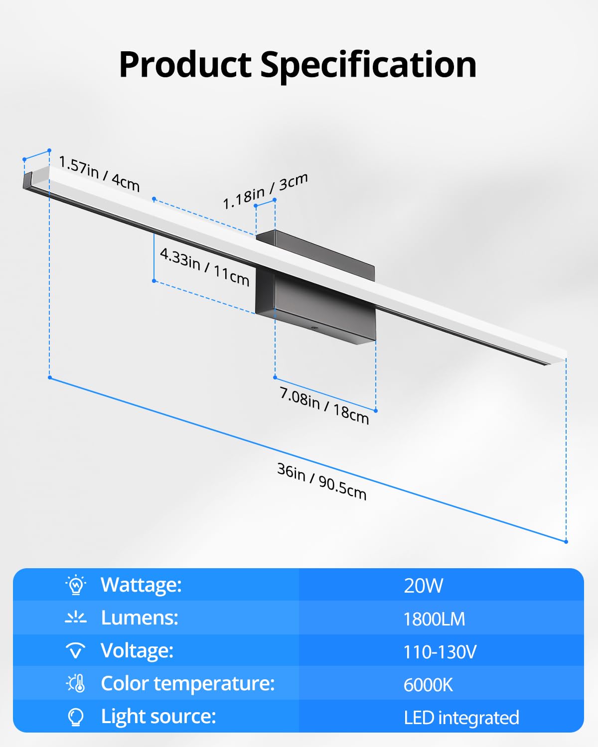 LED Bathroom Vanity Light Bar 16 Inch 9W Black IP44 Over Mirror Lighting Fixture Wall Sconce Indoor Modern Cool White 6000K