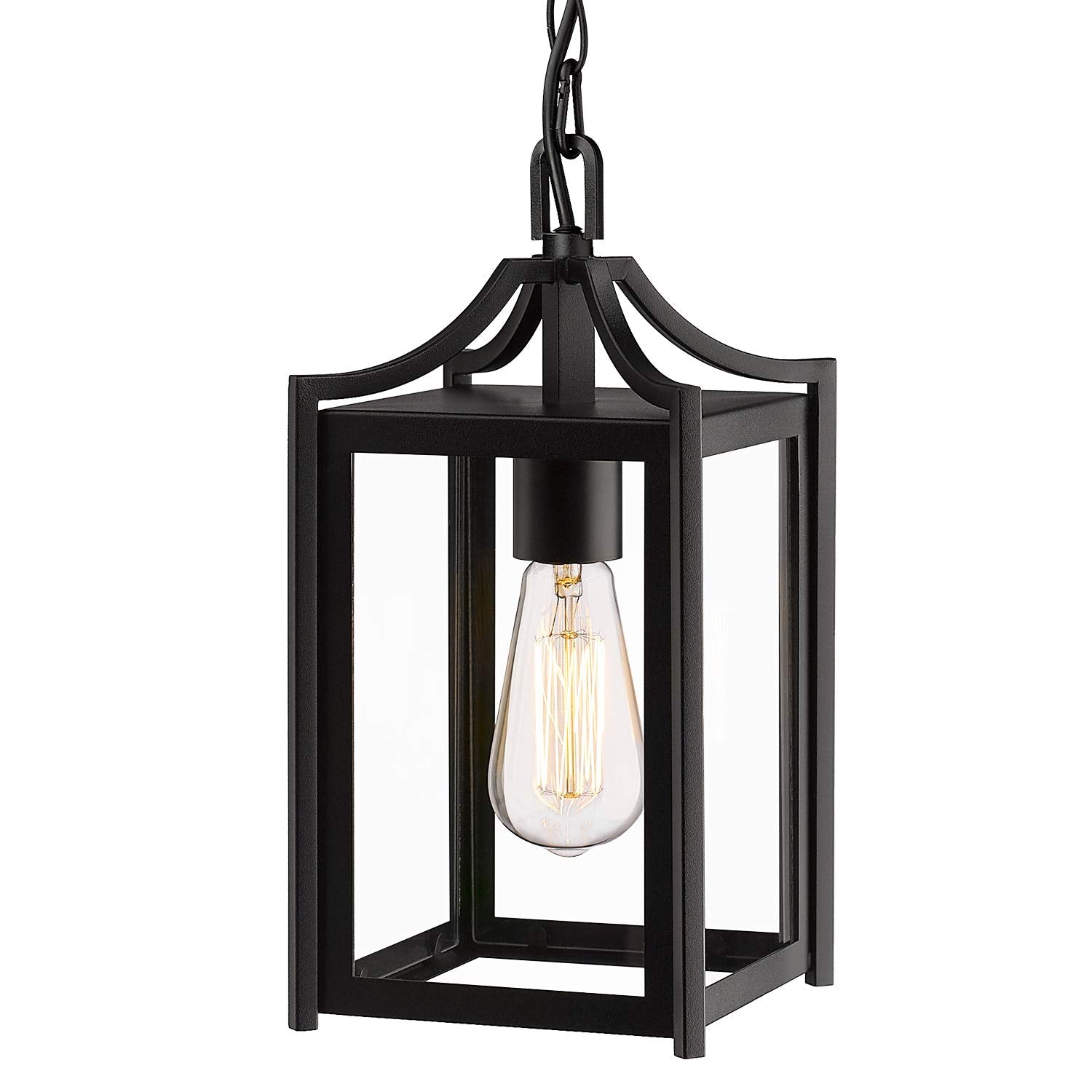 Outdoor Pendant Light, 14" Large Modern Outdoor Hanging Porch Light with Adjustable Chain, Exterior Outdoor Hanging Light in Black Finish and Clear Glass, 2439/1H