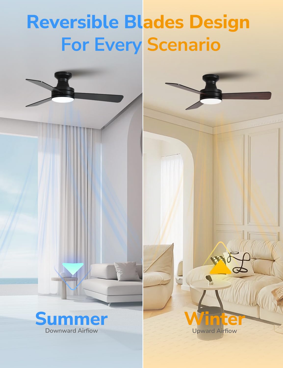 Orison Ceiling Fans with Lights, 42 inch Low Profile Ceiling Fan with RGB Backlight, Flush Mount Ceiling Fan with Remote and App Control, Black Ceiling Fan for Bedroom, 6 Speeds, 3 Reversible Blades