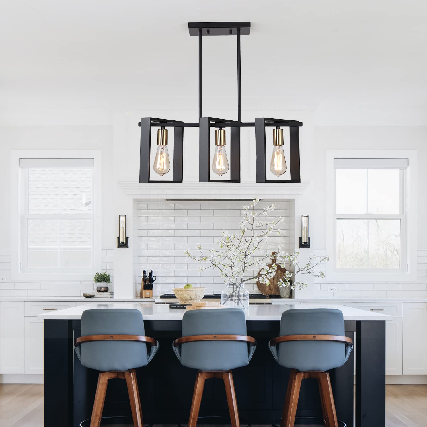 9MMML 3 Lights Kitchen Island Lighting, Modern Rectangle Linear Pendant Light, Black Frame+ Gold Socket Chandelier for Dining &Living Room Foyer Entryway Hallway,E26,Height Adjustable.