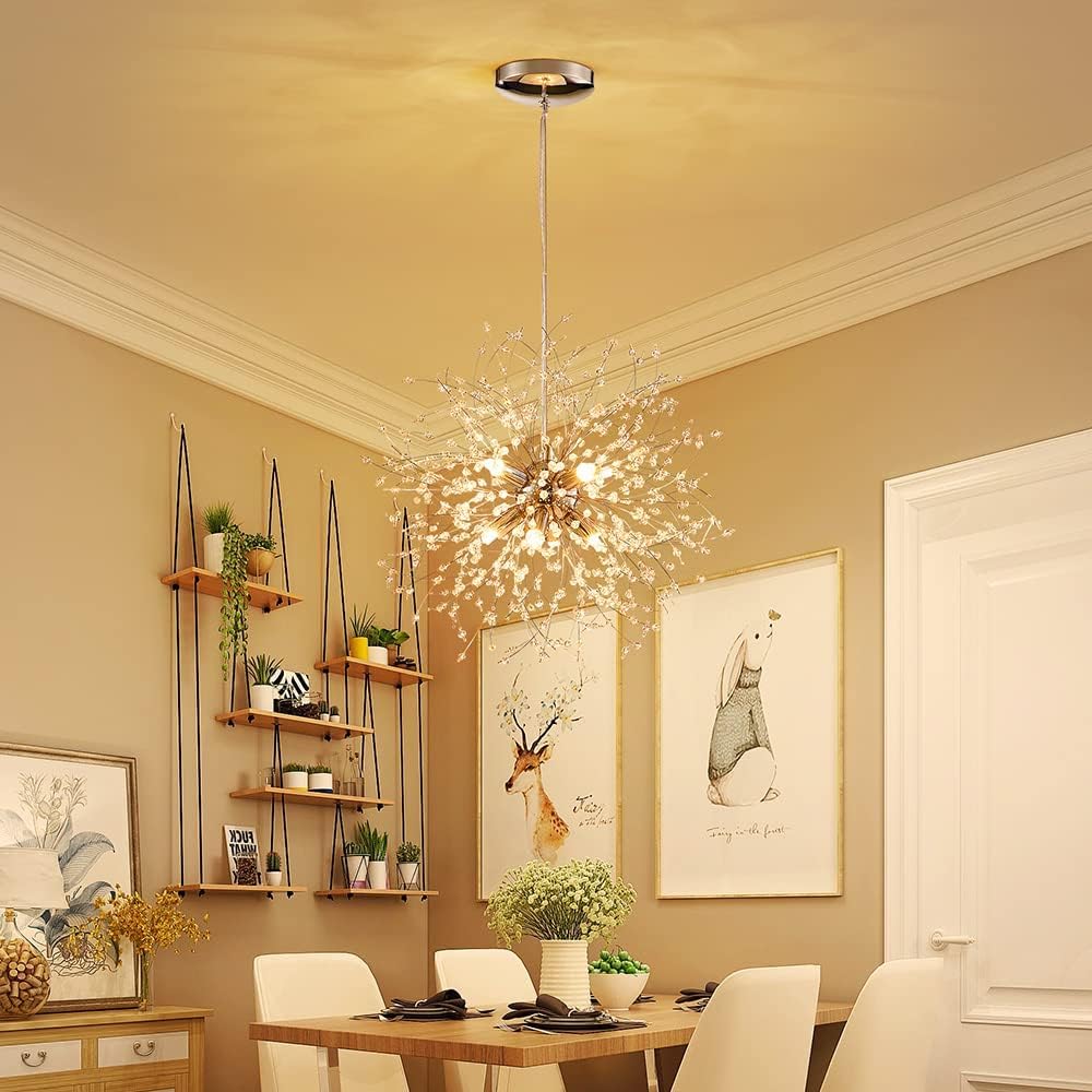 Dandelion Crystal Chandeliers, Modern Design, Firework Pendant Light Fixture for Living Space, H17'' x D17'', Adjustable Chains 59'', G9*9 Sockets, Brilliant Gold Finish Frame