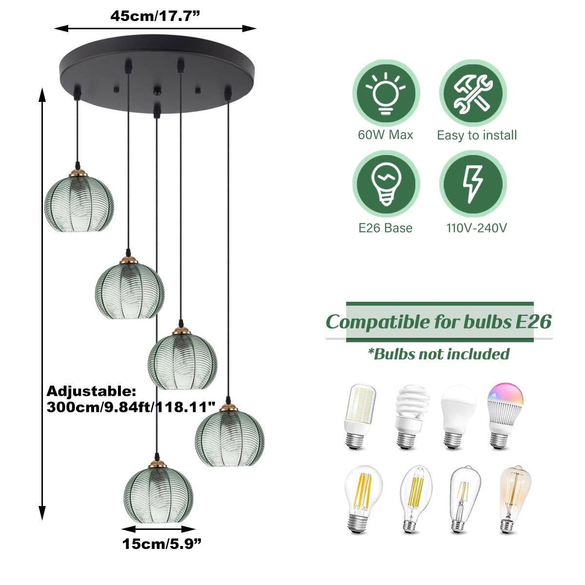 Pendant Lights Glass Pendant Lighting Kitchen Island Hand Blown 1-Light Modern Pendant Light Green Hanging Light fixtures with Glass Shade for Dining Room Bedroom Living Room