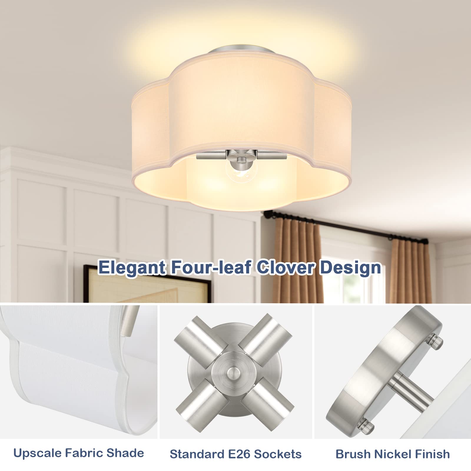 4-Light Semi Flush Mount Ceiling Light Fixture, Gold Modern Close to Ceiling Lamp with White Fabric Shade, Farmhouse Bright Lighting Brass Finish for Nursery Kids Room Bedroom Kitchen Hallway Entryway