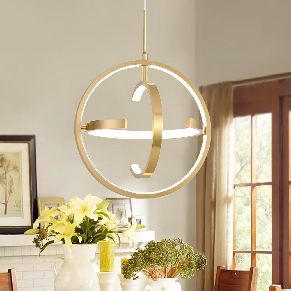 Modern LED Chandelier Dimmable 2 Ring Gold Pendant Light Acrylic 34W 4000K Height-Adjustable Modern Chandelier for Dining Room Living Room Bedroom Kitchen Island Foyer Stairway