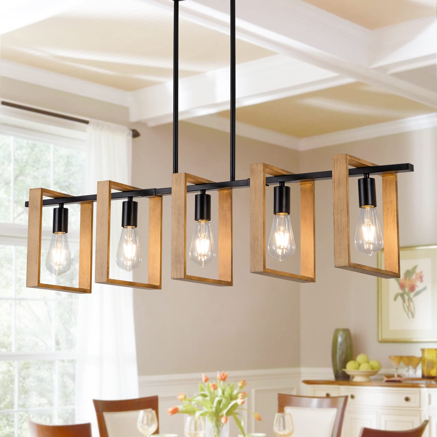 Farmhouse Kitchen Island Lighting Black Chandeliers for Dining Room Wooden Island Lights,Industrial Rectangle Light Fixtures Ceiling Hanging (4 Lights)