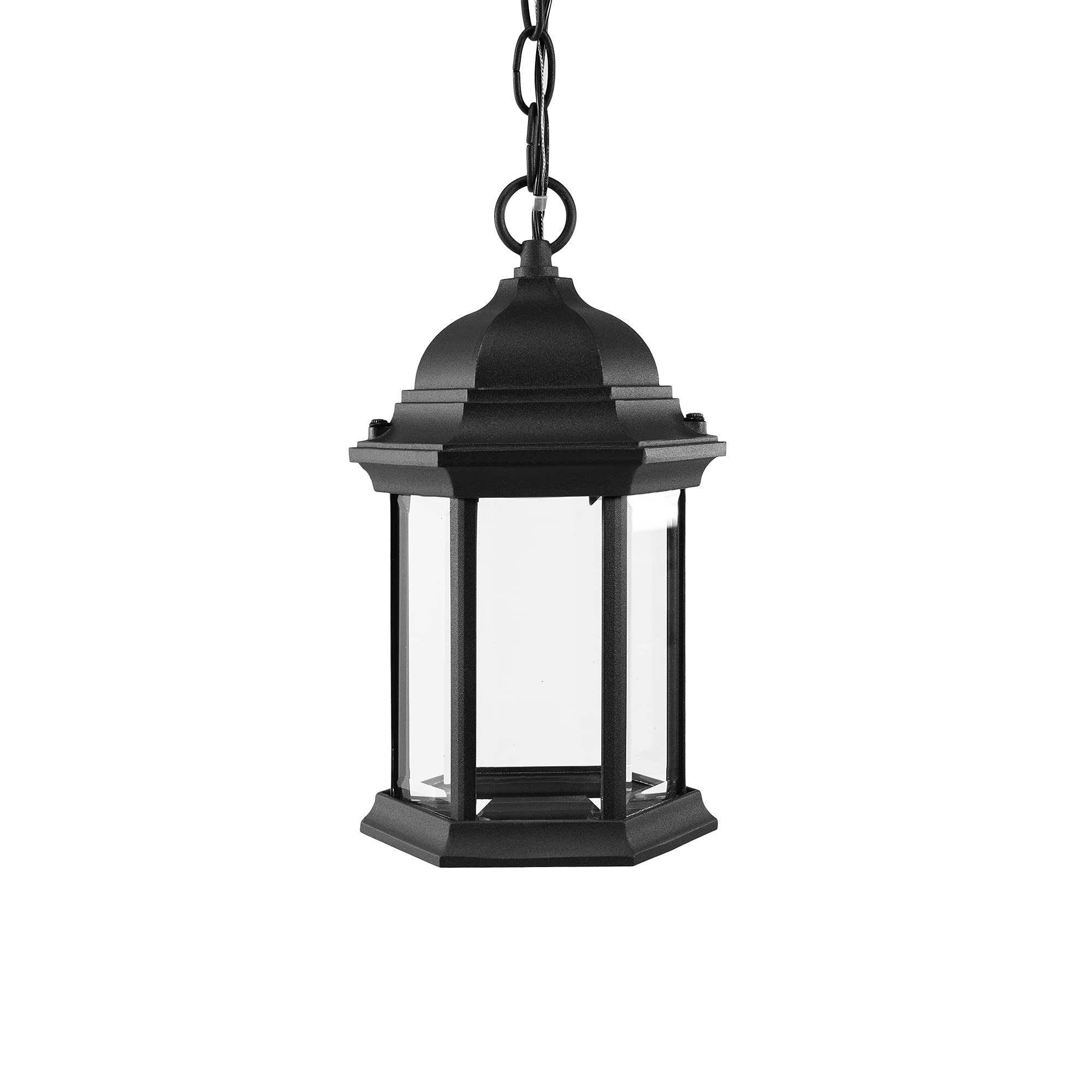 Small Straight Hex Pendant Mount LED Lantern for Porch, Patio, Deck, Damp Location, Built in LED Gives 75W of Light from 9.5W of Power, Durable Cast Aluminum with Black Finish & Clear Glass