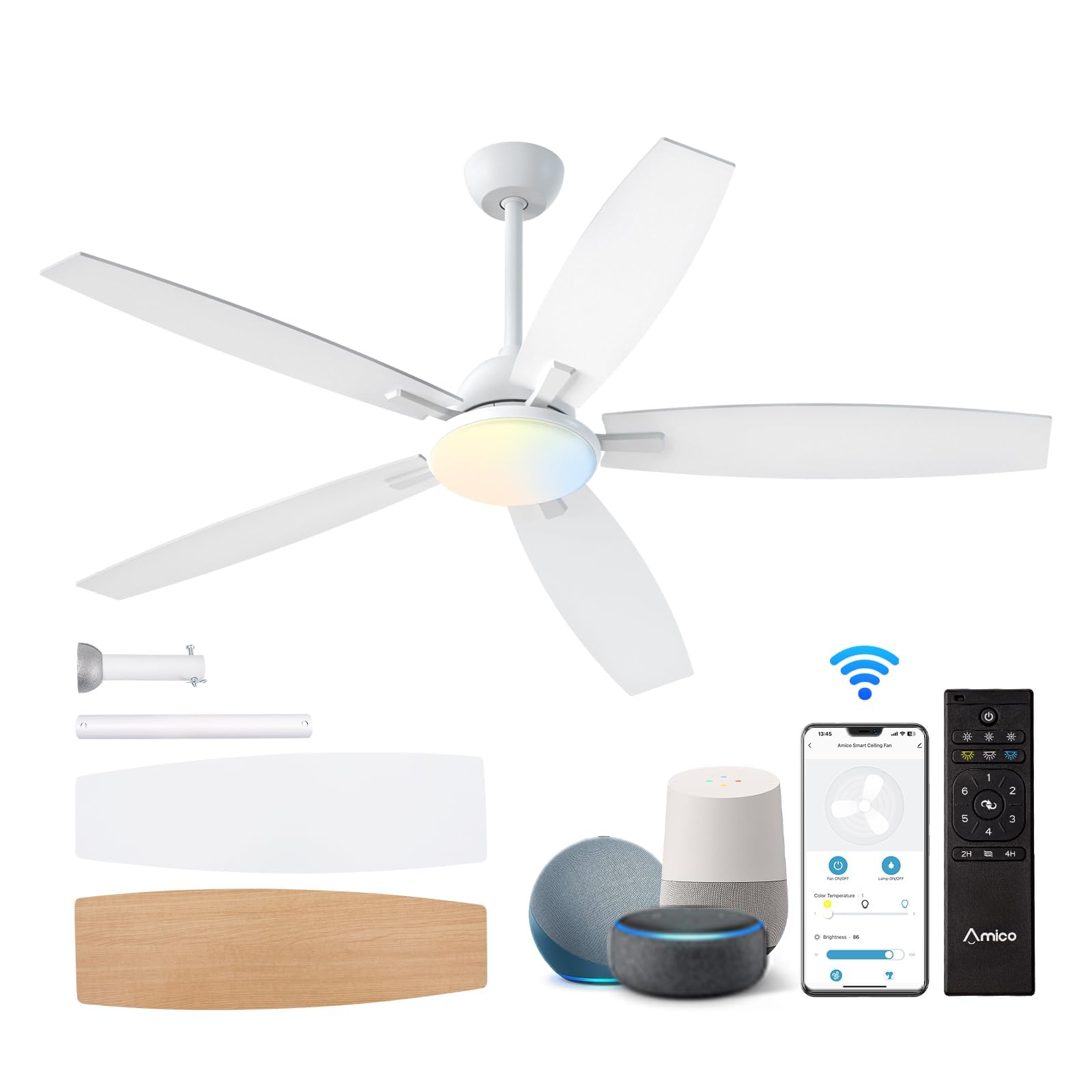 Ceiling Fans with Lights, 52 inch Smart Ceiling Fan with Remote/APP/Alexa Control, Reversible DC Motor, 5 Blades, 6 Speeds, 3CCT, Dimmable, Noiseless, Wifi Ceiling Fan for Bedroom, Farmhouse