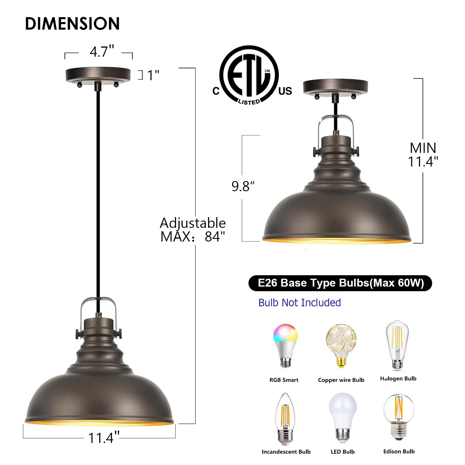 2 Packs Farmhouse Pendant Lights Kitchen Island Adjustable Pendant Light Fixtures Rustic Industrial Hanging Lamp,Oil Rubbed Bronze